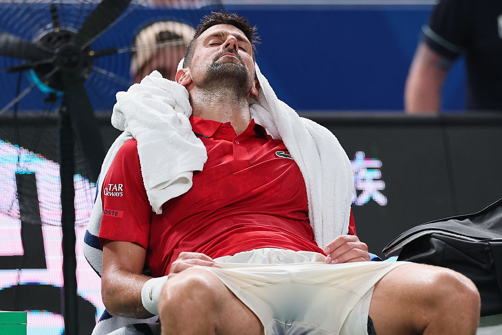 Novak Djokovic of Serbia reacts during the match against Jaume Munar of Spain in the Men's Singles round of 16 match on day 9 of the 2025 Shanghai Rolex Masters at Qi Zhong Tennis Center