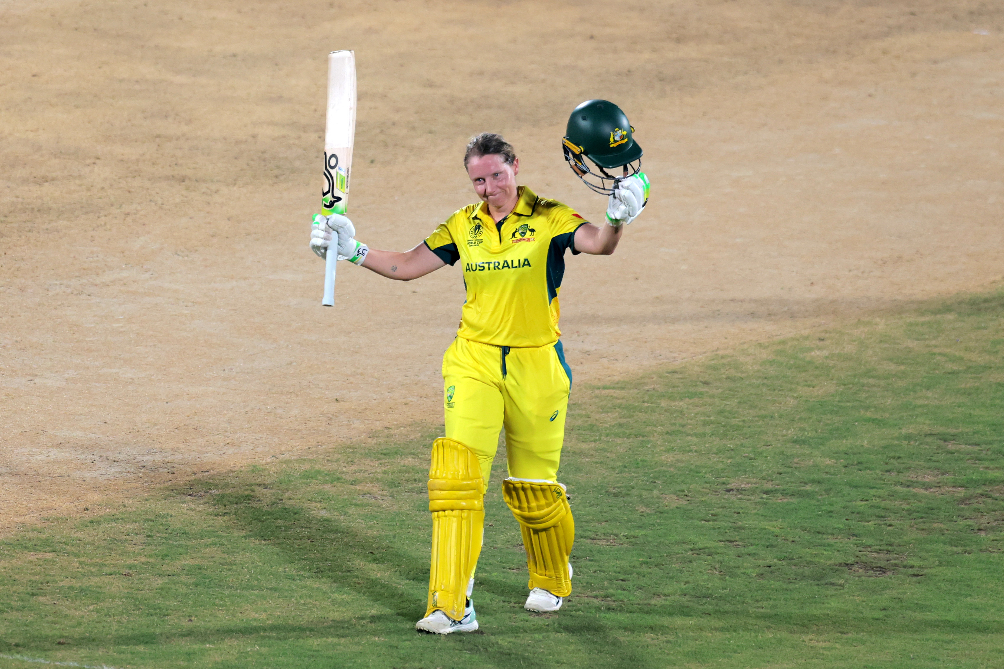 VISAKHAPATNAM, INDIA - OCTOBER 12: Alyssa Healy of Australia celebrates her century during the ICC Women's Cricket World Cup India 2025 match between India and Australia at Dr. Y.S. Rajasekhara Reddy ACA-VDCA Cricket Stadium on October 12, 2025 in Visakhapatnam, India. (Photo by Pankaj Nangia/Getty Images)