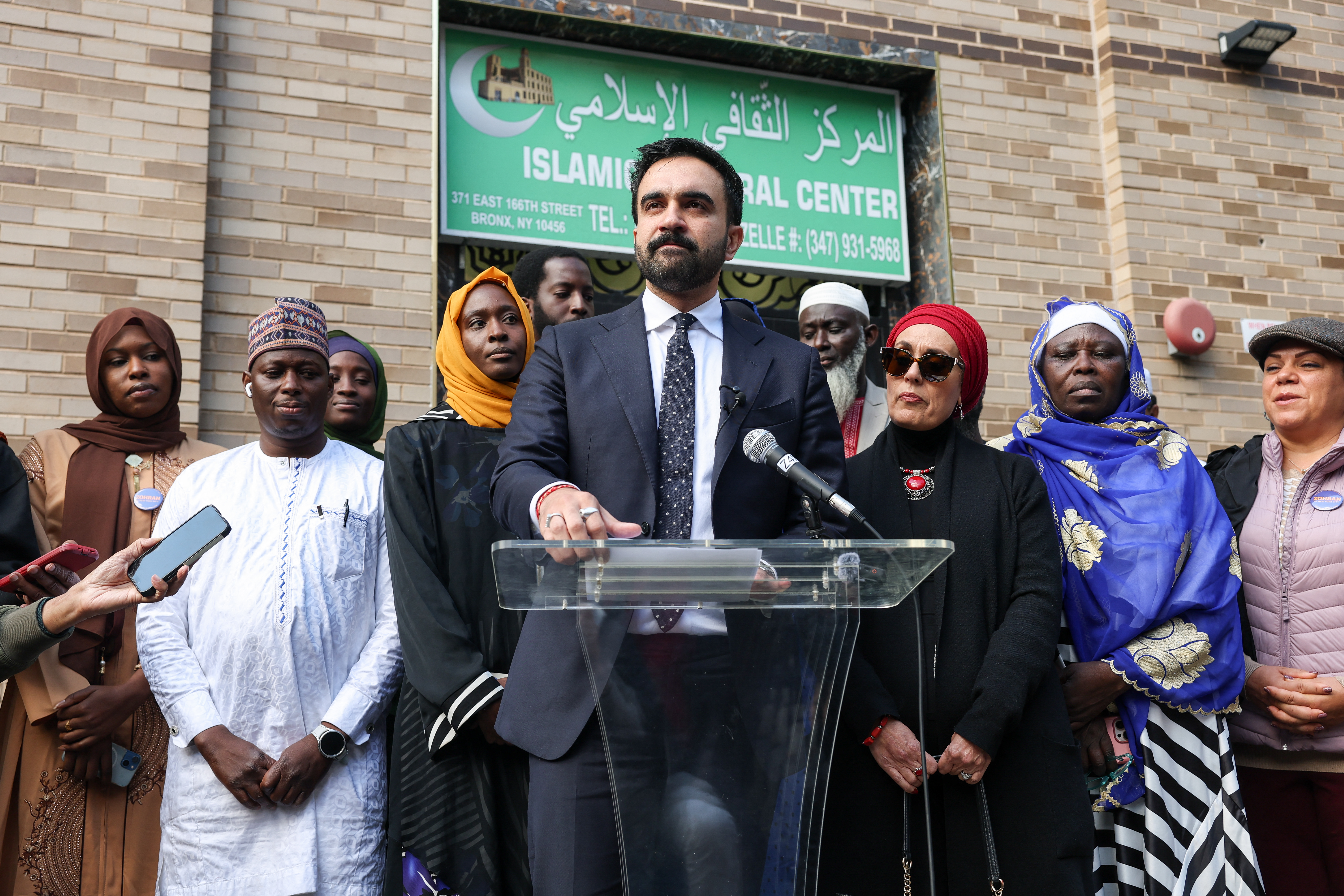 New York City mayoral candidate Zohran Mamdani speaks about Islamophobia outside of the Islamic Cultural Center of the Bronx in New York City on October 24, 2025,