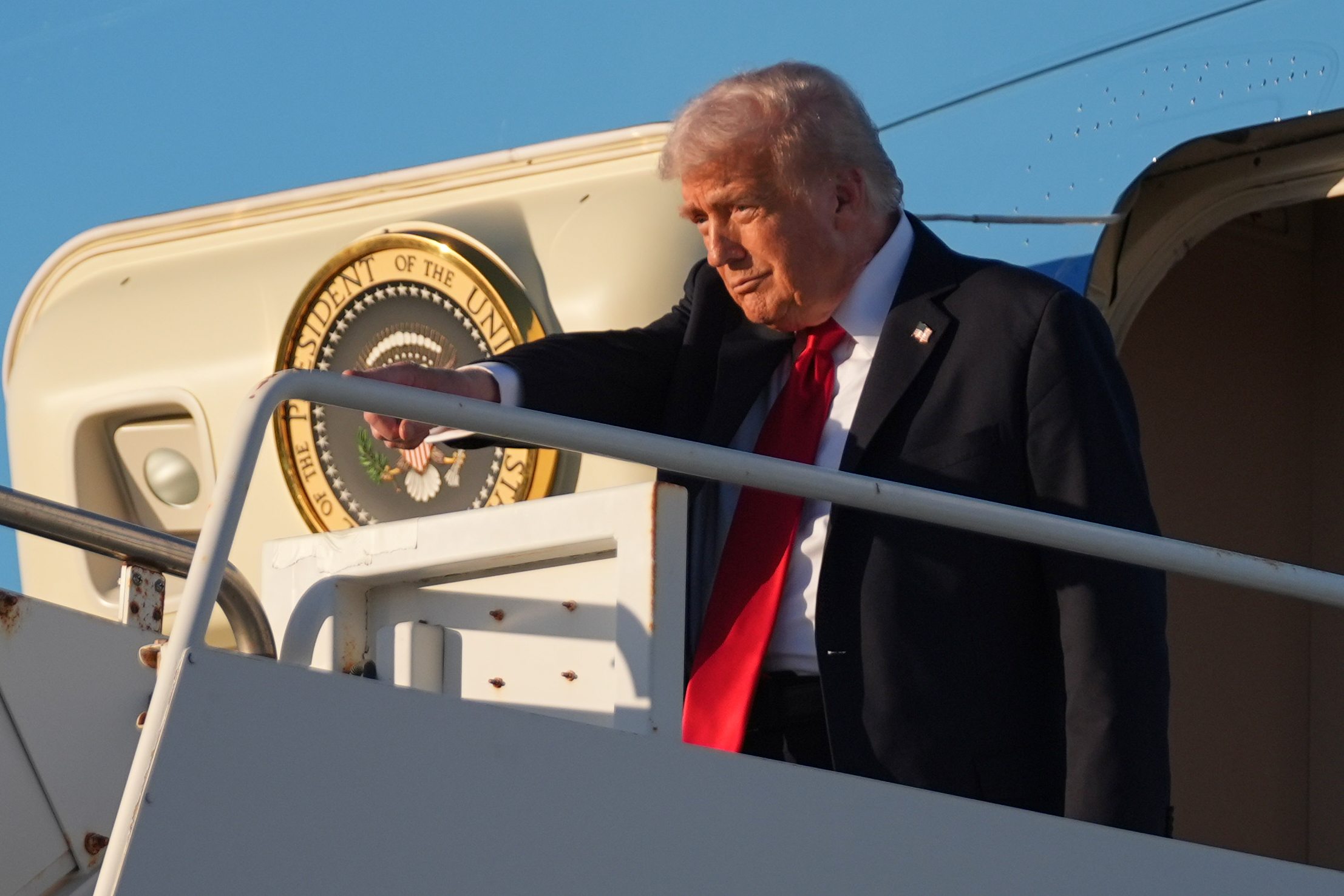 President Donald Trump arrives on Air Force One at Sharm El Sheikh International Airport, Monday, Oct. 13, 2025, in Sharm El Sheikh, Egypt. (AP Photo/Evan Vucci)