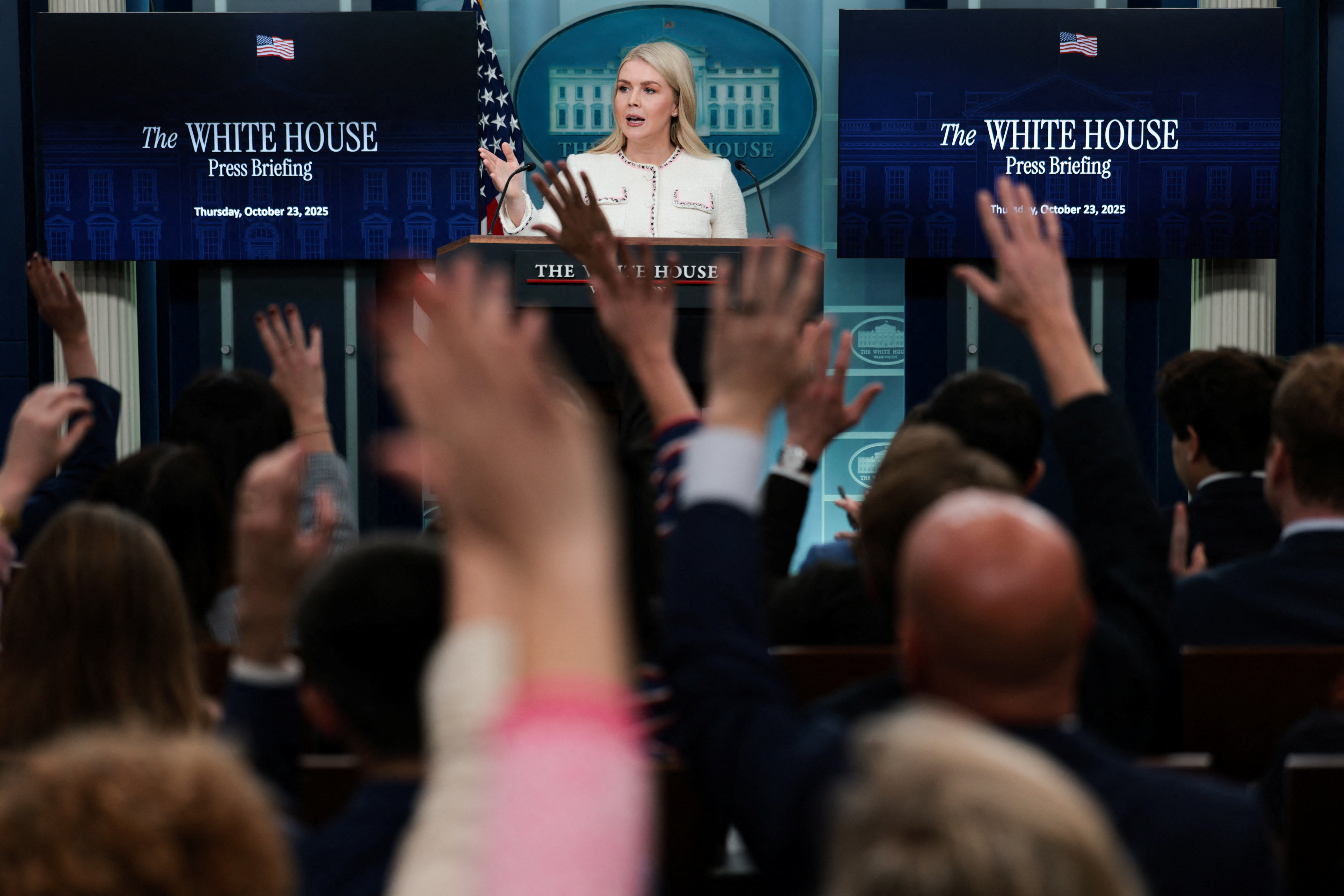 White House Press Secretary Karoline Leavitt takes questions from reporters during a press briefing at the White House in Washington, D.C., U.S., October 23, 2025. REUTERS/Jonathan Ernst