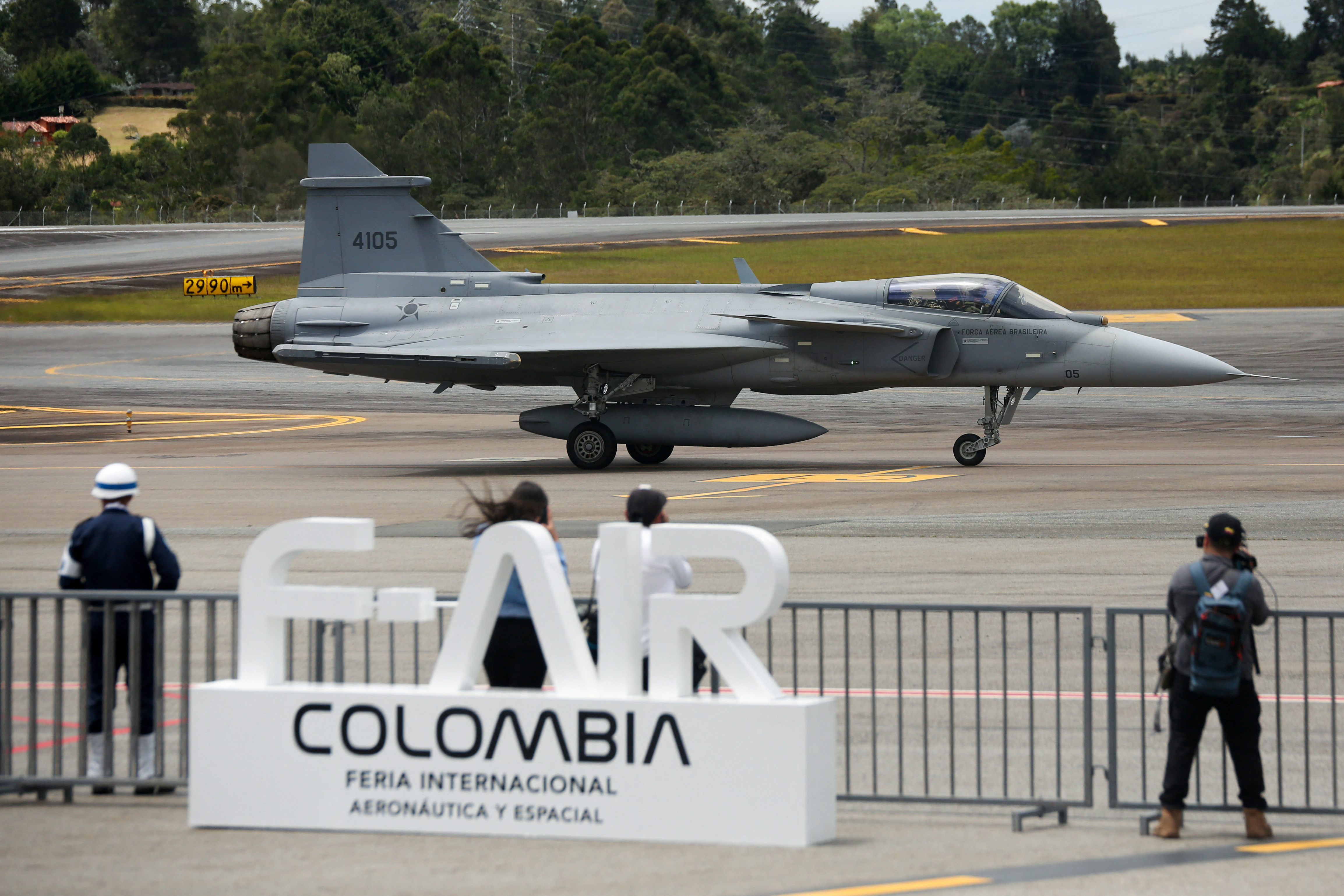 A JAS 39 Gripen fighter aircraft of the Brazilian Air Force is displayed.