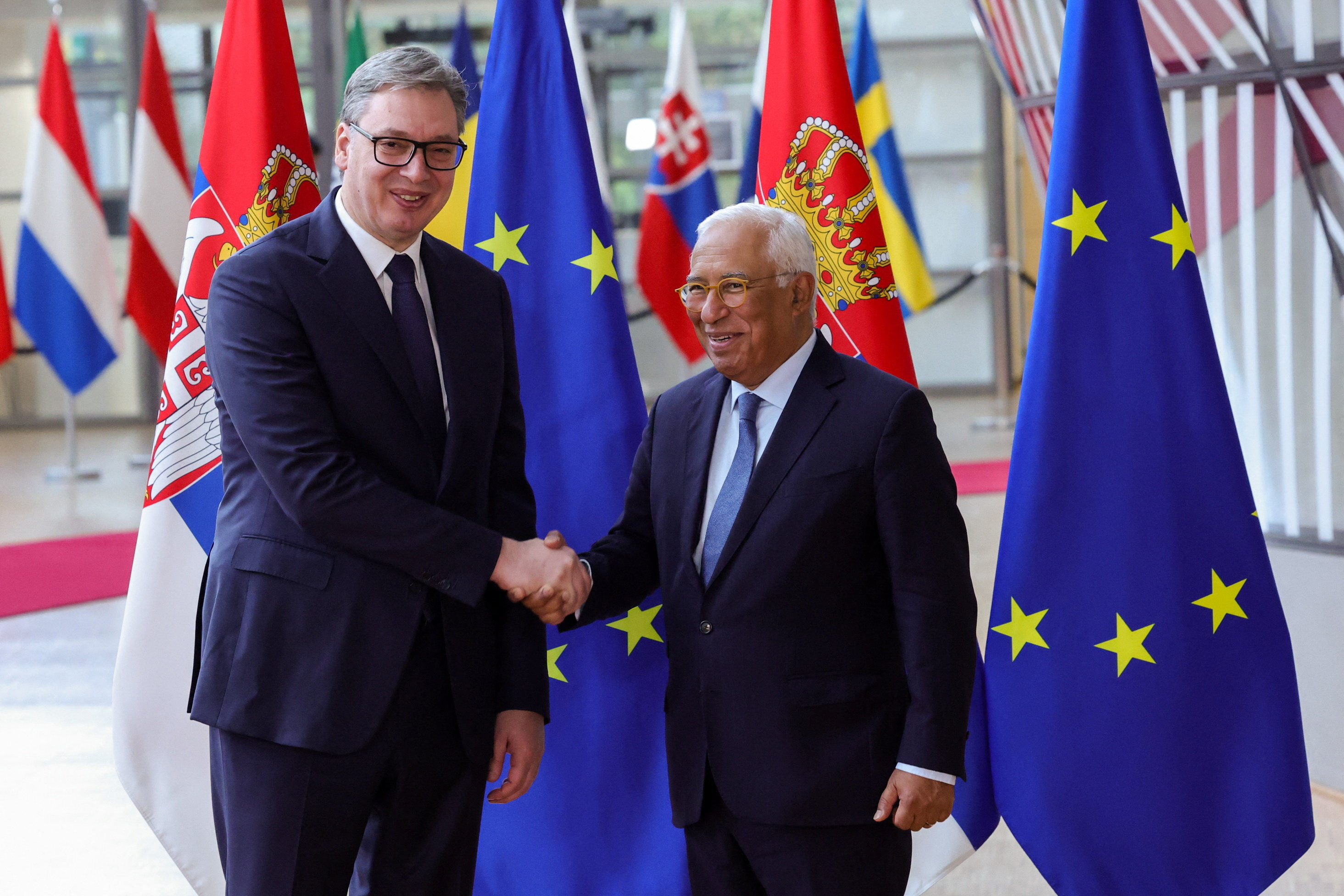 Serbian President Aleksandar Vucic and European Council President Antonio Costa