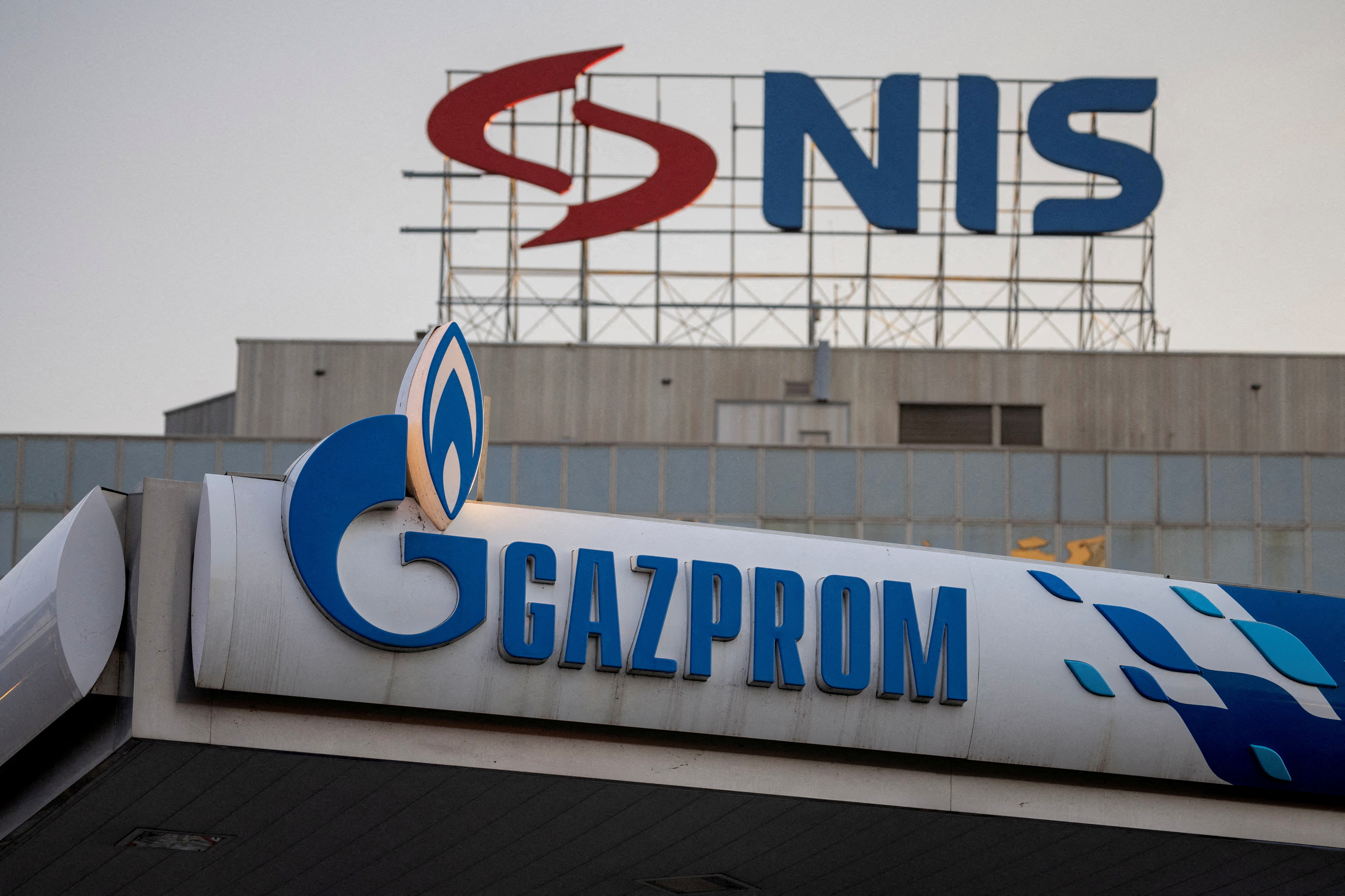 Signages display the logos of NIS as well as Russian oil producer Gazprom