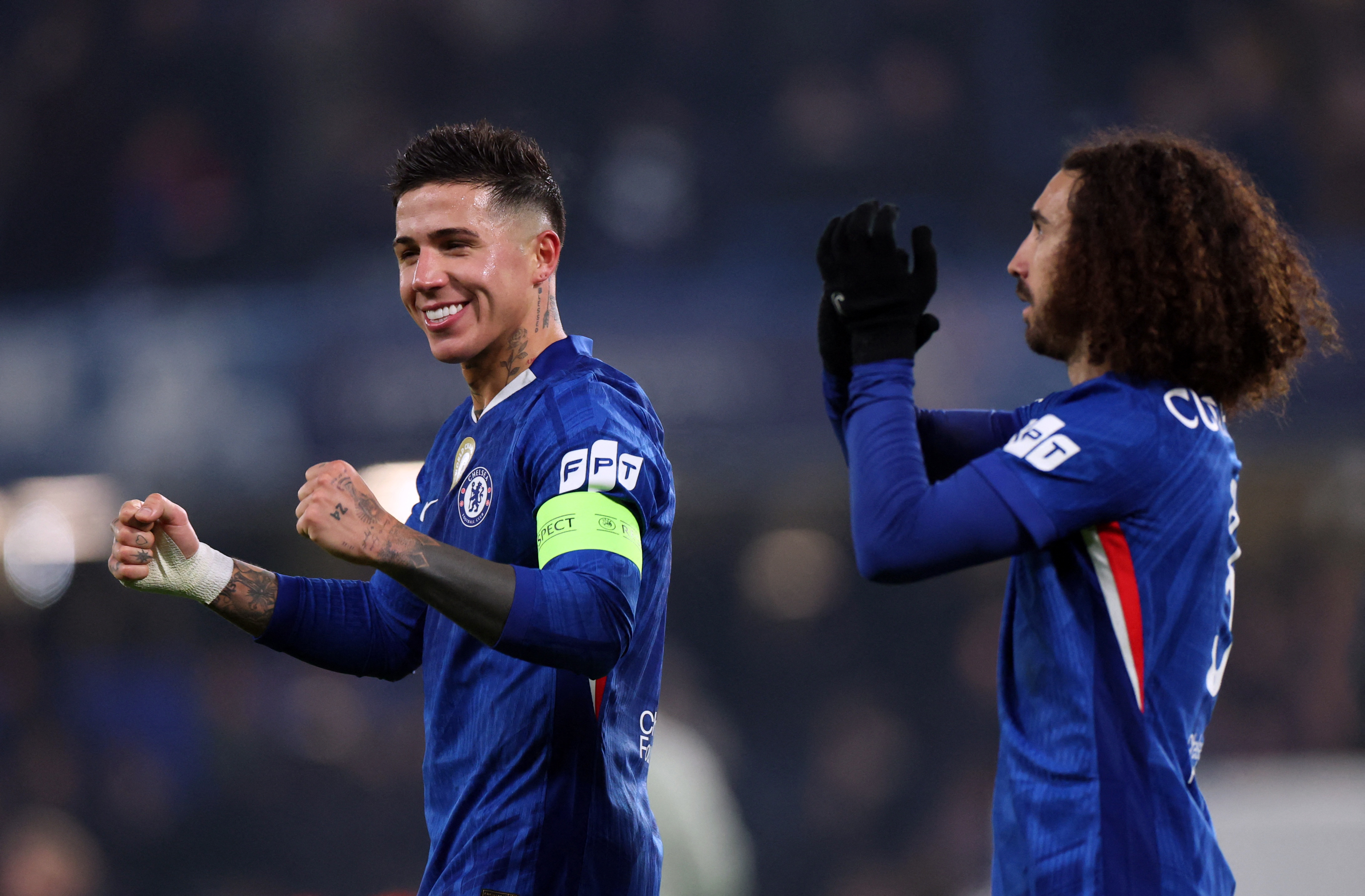 Chelsea's Enzo Fernandez celebrates after the match