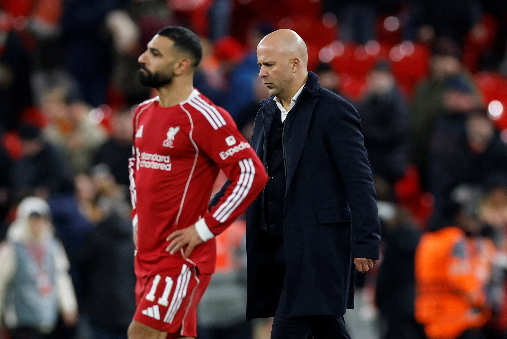 Liverpool manager Arne Slot and Liverpool's Mohamed Salah after the match