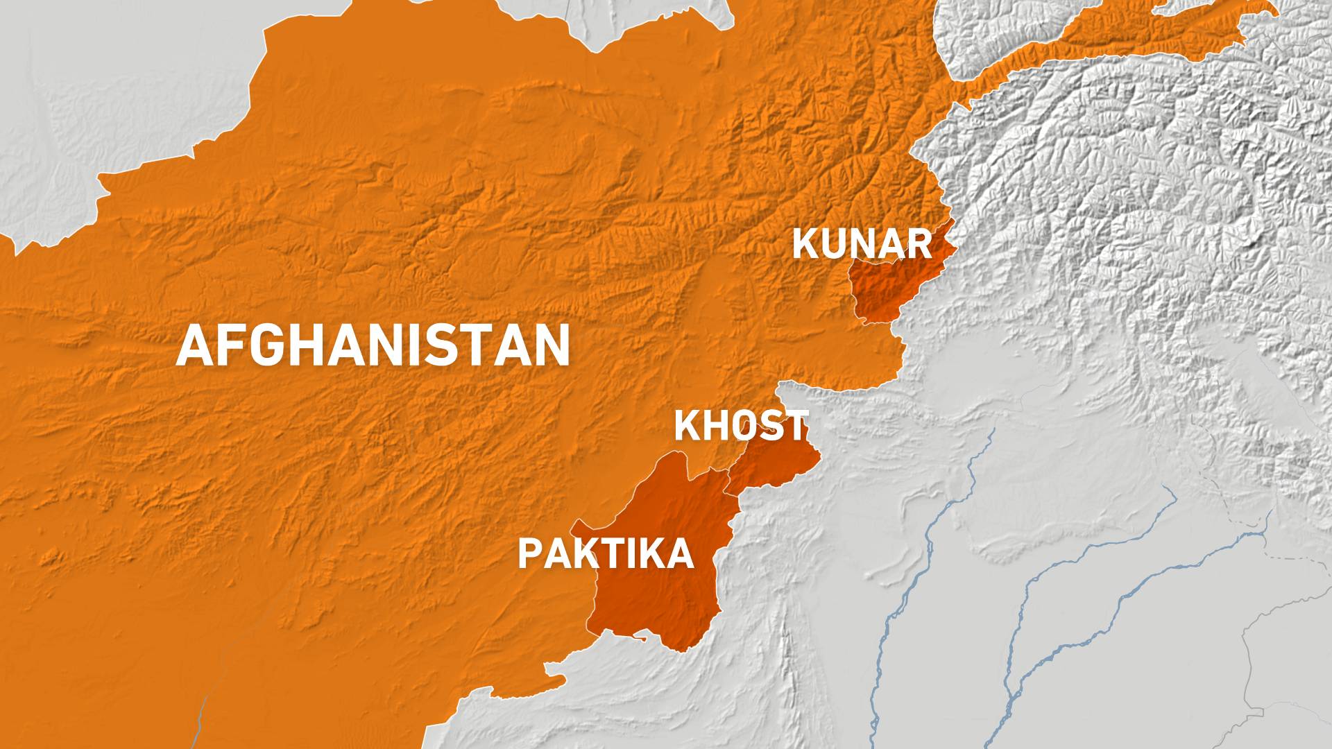 Map of Afghanistan showing Kunar, Khost and Paktika