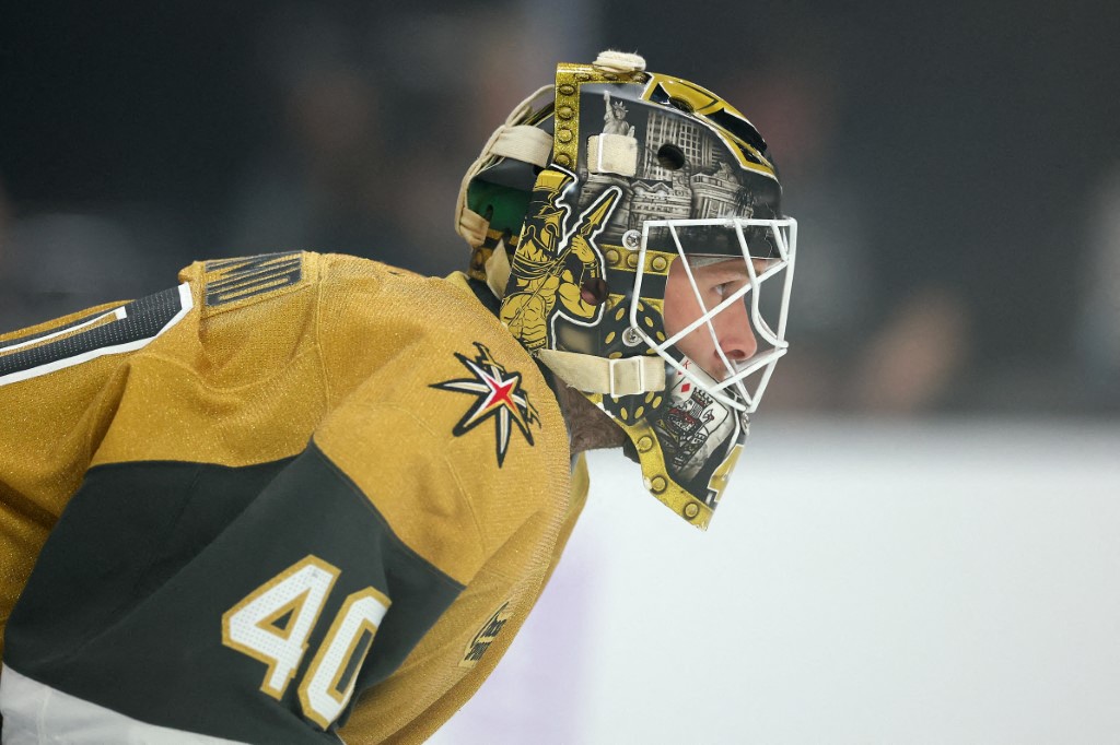 LAS VEGAS, NEVADA – NOVEMBER 18: Akira Schmid #40 of the Vegas Golden Knights looks down ice during the first period of the NHL game against the New York Rangers at T-Mobile Arena on November 18, 2025 in Las Vegas, Nevada.   Christian Petersen/Getty Images/AFP (Photo by Christian Petersen / GETTY IMAGES NORTH AMERICA / Getty Images via AFP)