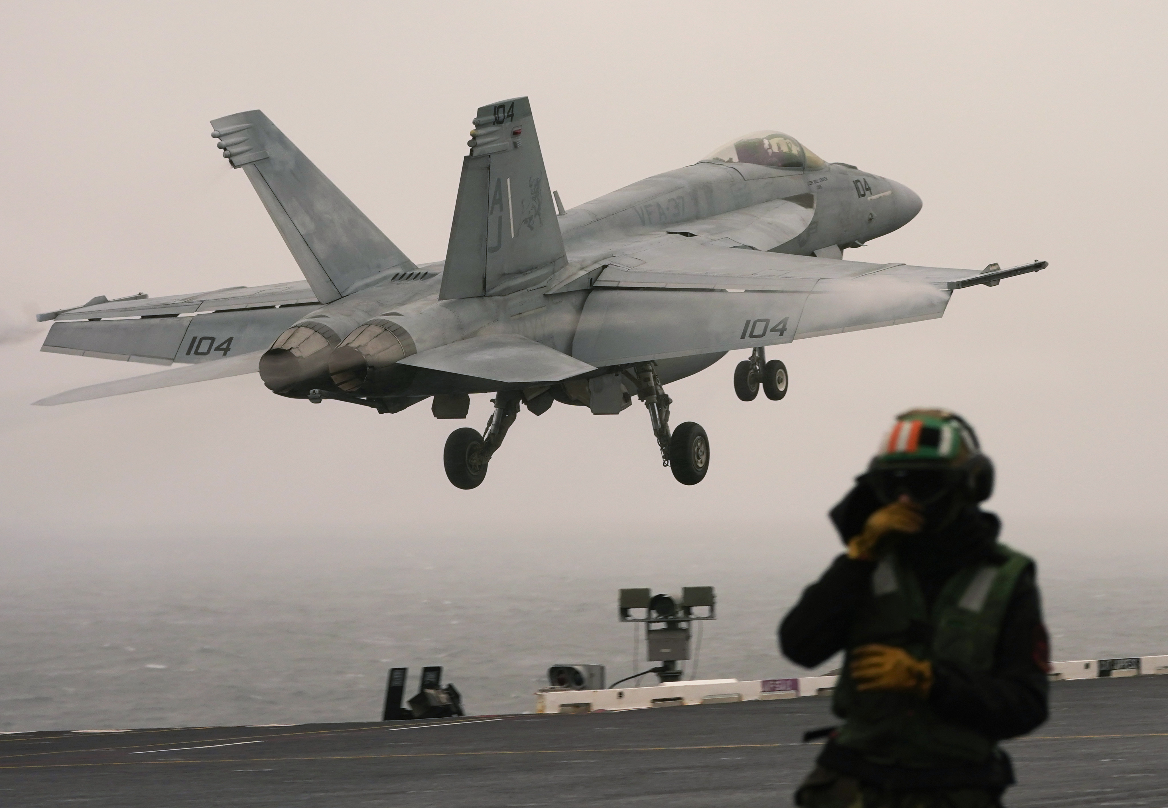 An F/A-18 E is launched from the deck of the nuclear powered aircraft carrier USS Gerald R. Ford during flight deck operations Wednesday, Oct. 5, 2022, off the Virginia Coast. After years of delays and problems with new technology the U.S. Navy's most advanced aircraft carrier embarked on it's first deployment and will train with other NATO countries. (AP Photo/Steve Helber)