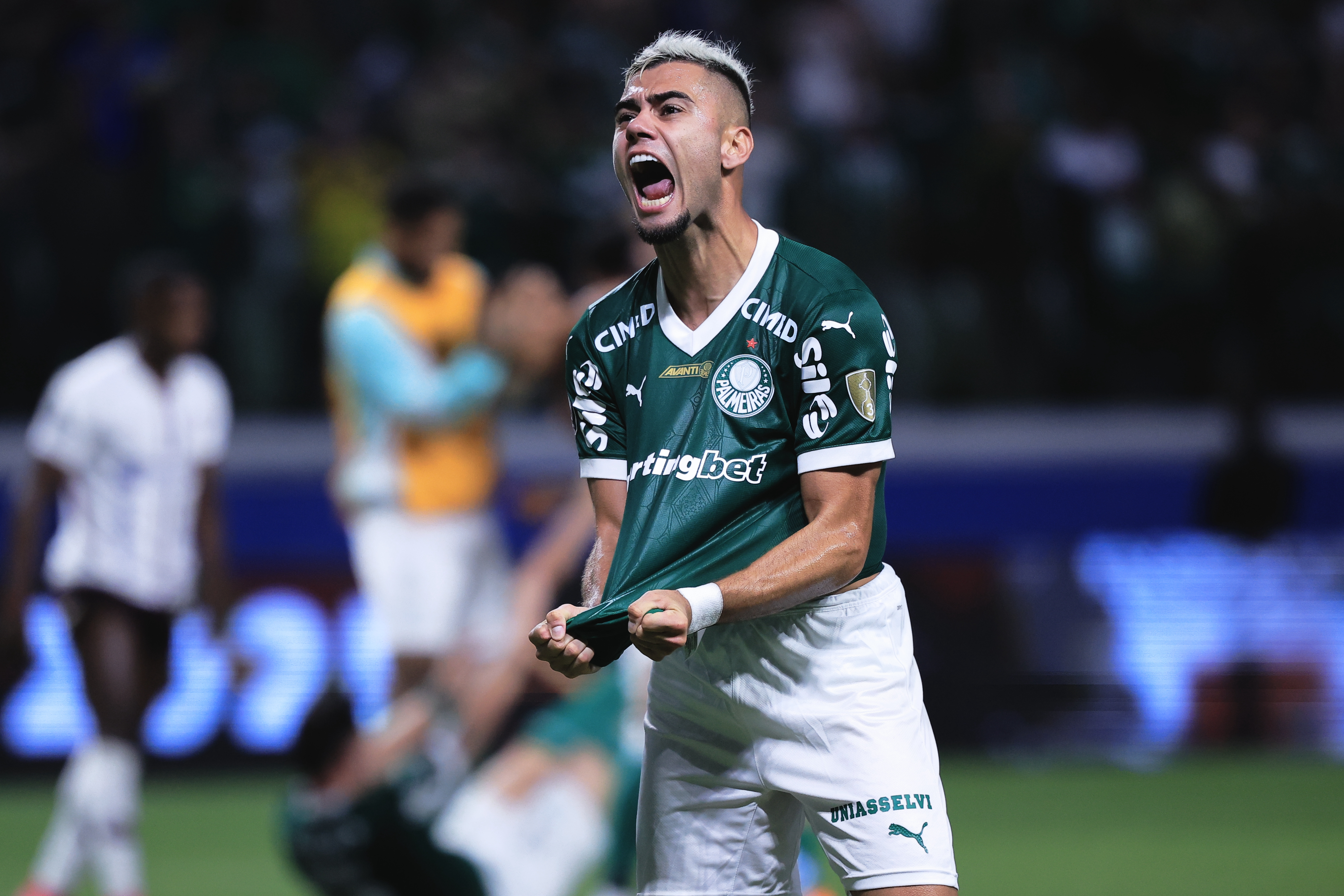 Andreas Pereira of Brazil's Palmeiras celebrates at the end of the Copa Libertadores semifinal second leg soccer match against Ecuador's Liga Deportiva Universitaria