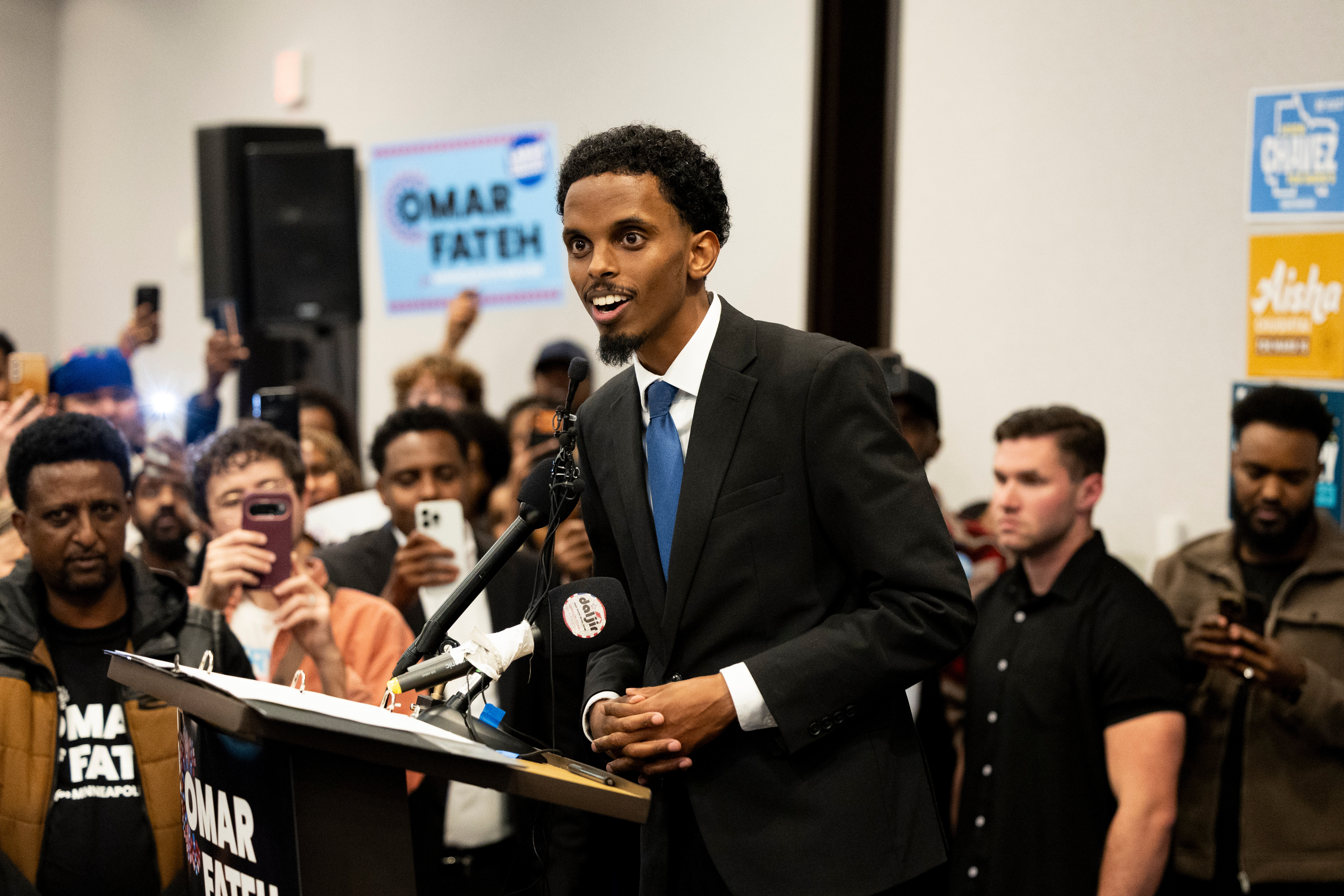 Sen. Omar Fateh, a candidate for Minneapolis mayor, addresses his supporters during an Election Day party at a downtown hotel, Tuesday, Nov. 4, 2025.