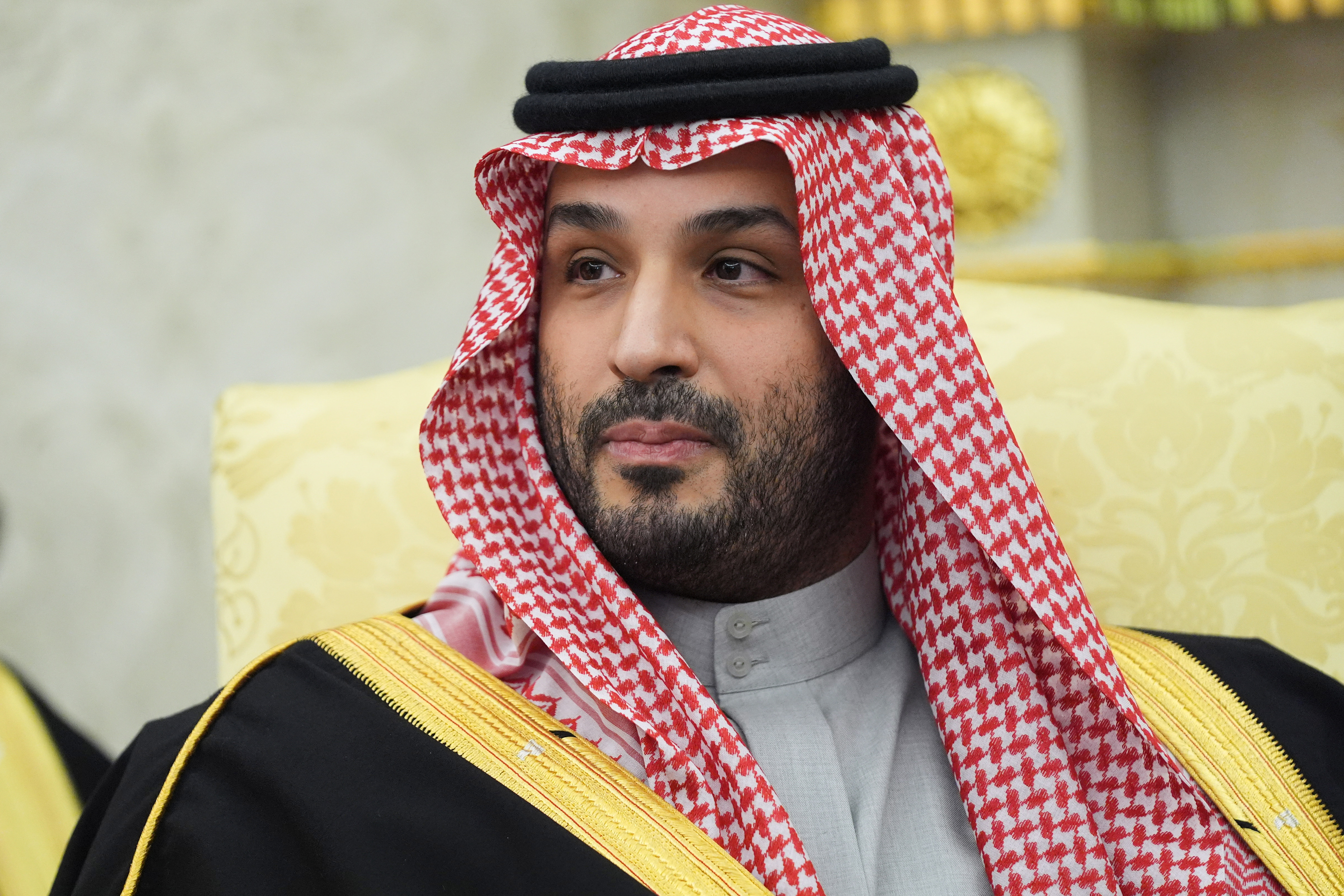 Saudi Arabia&#039;s Crown Prince Mohammed bin Salman listens as a reporter asks a question during a meeting with President Donald Trump in the Oval Office of the White House, Tuesday, Nov. 18, 2025, in Washington. [Evan Vucci/AP Photo] (AP Photo)