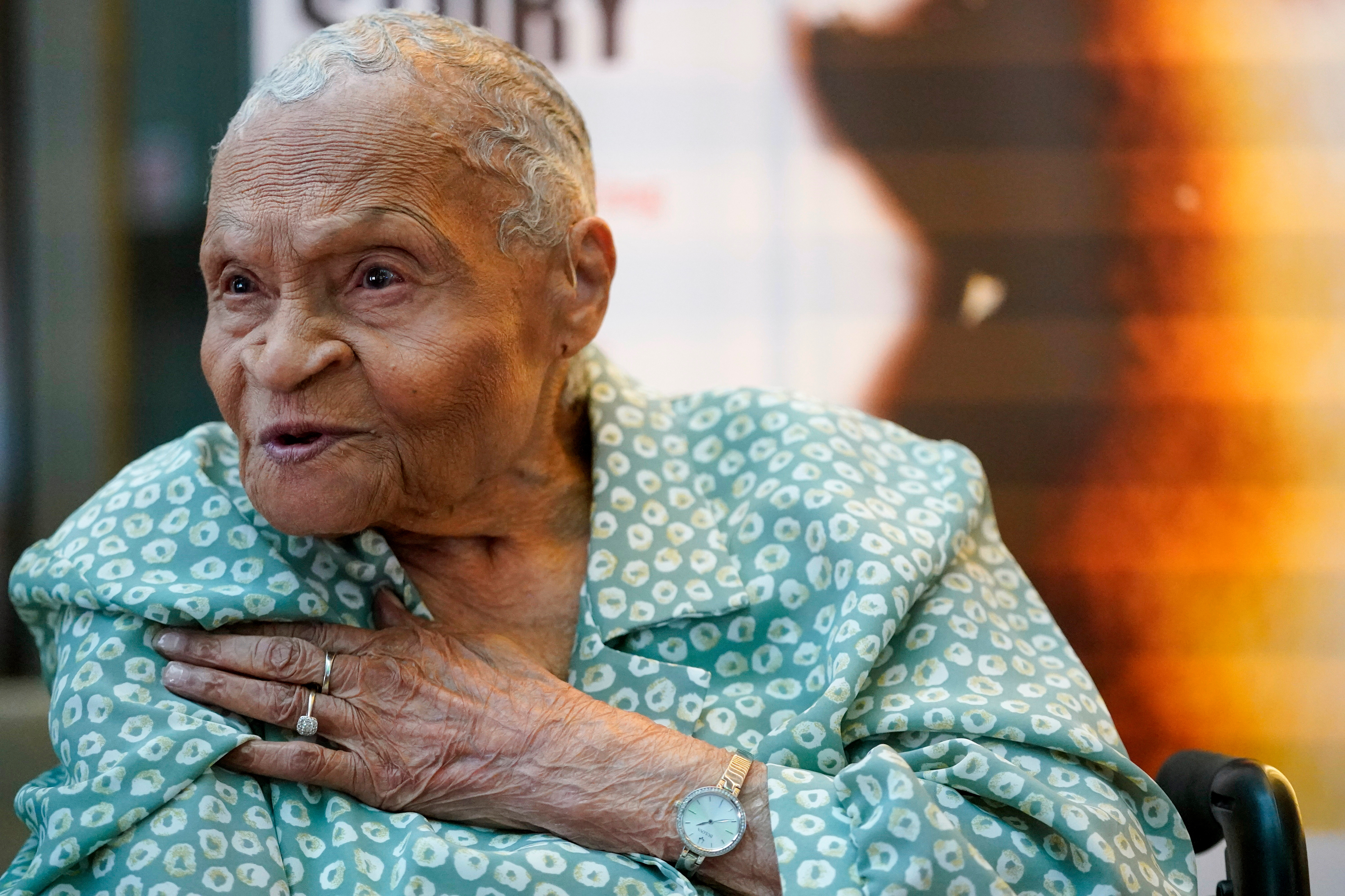 Tulsa Race Massacre survivor Viola Ford Fletcher gestures while speaking during an interview with The Associated Press, June 16, 2023, in New York [Mary Altaffer/AP Photo]