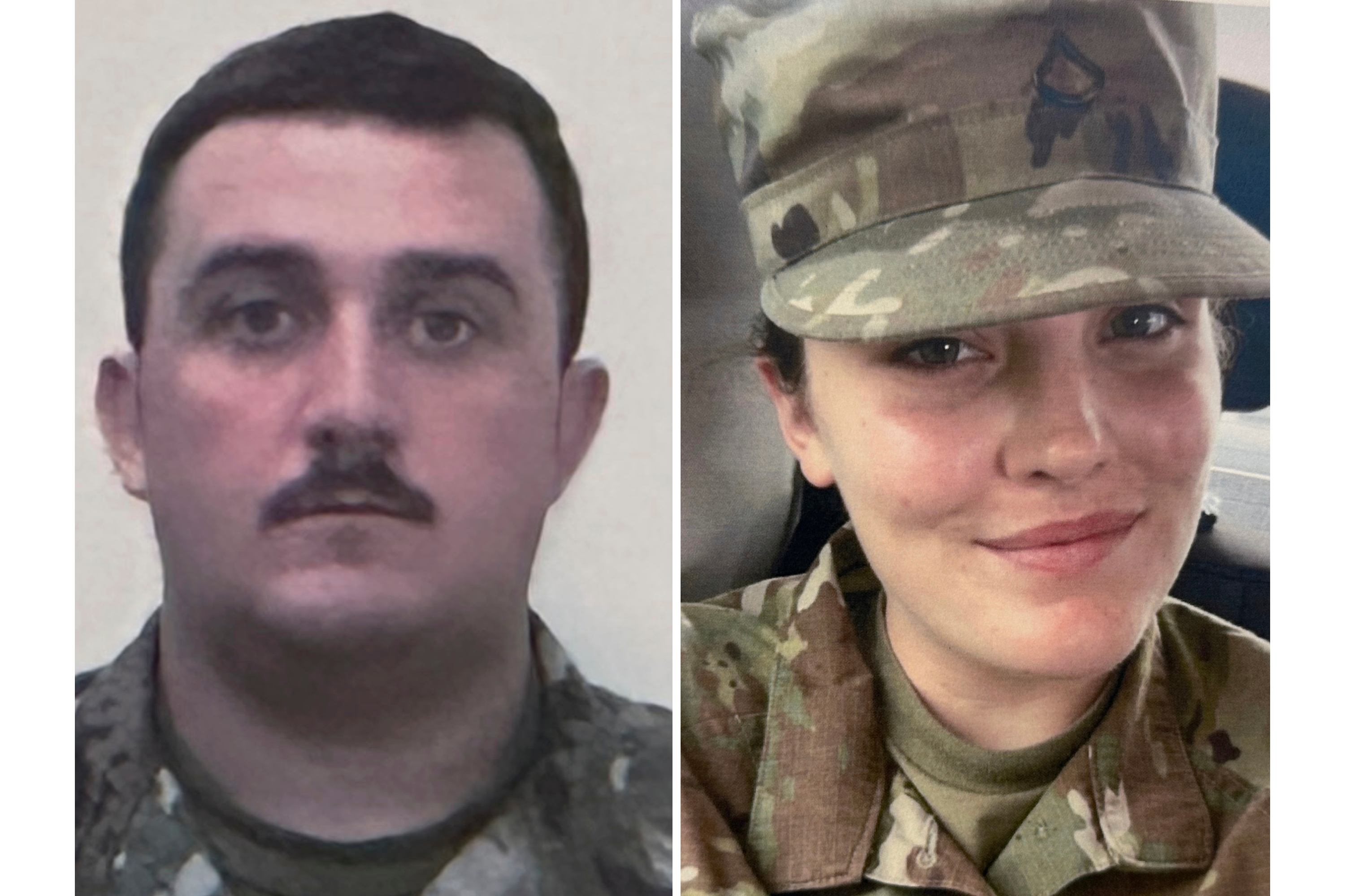 This combo from photos provided by the U.S. Attorney's Office on Thursday, Nov. 27, 2025, show National Guard members, from left, Staff Sgt. Andrew Wolfe and Specialist Sarah Beckstrom. (U.S. Attorney’s Office via AP)