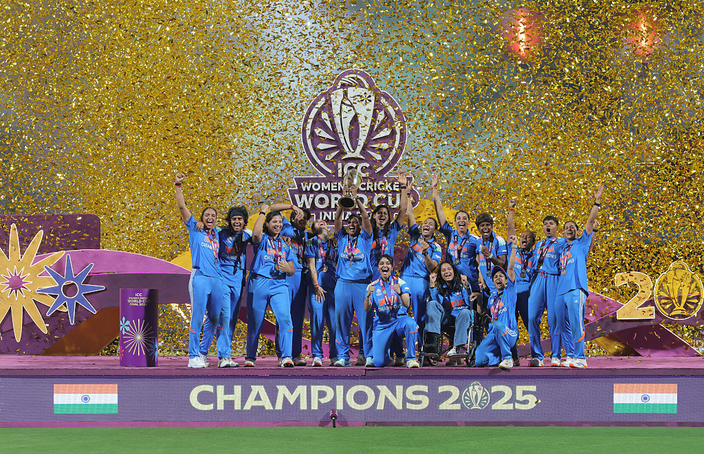 Harmanpreet Kaur of India lifts the ICC Women's Cricket World Cup trophy after her team's victory