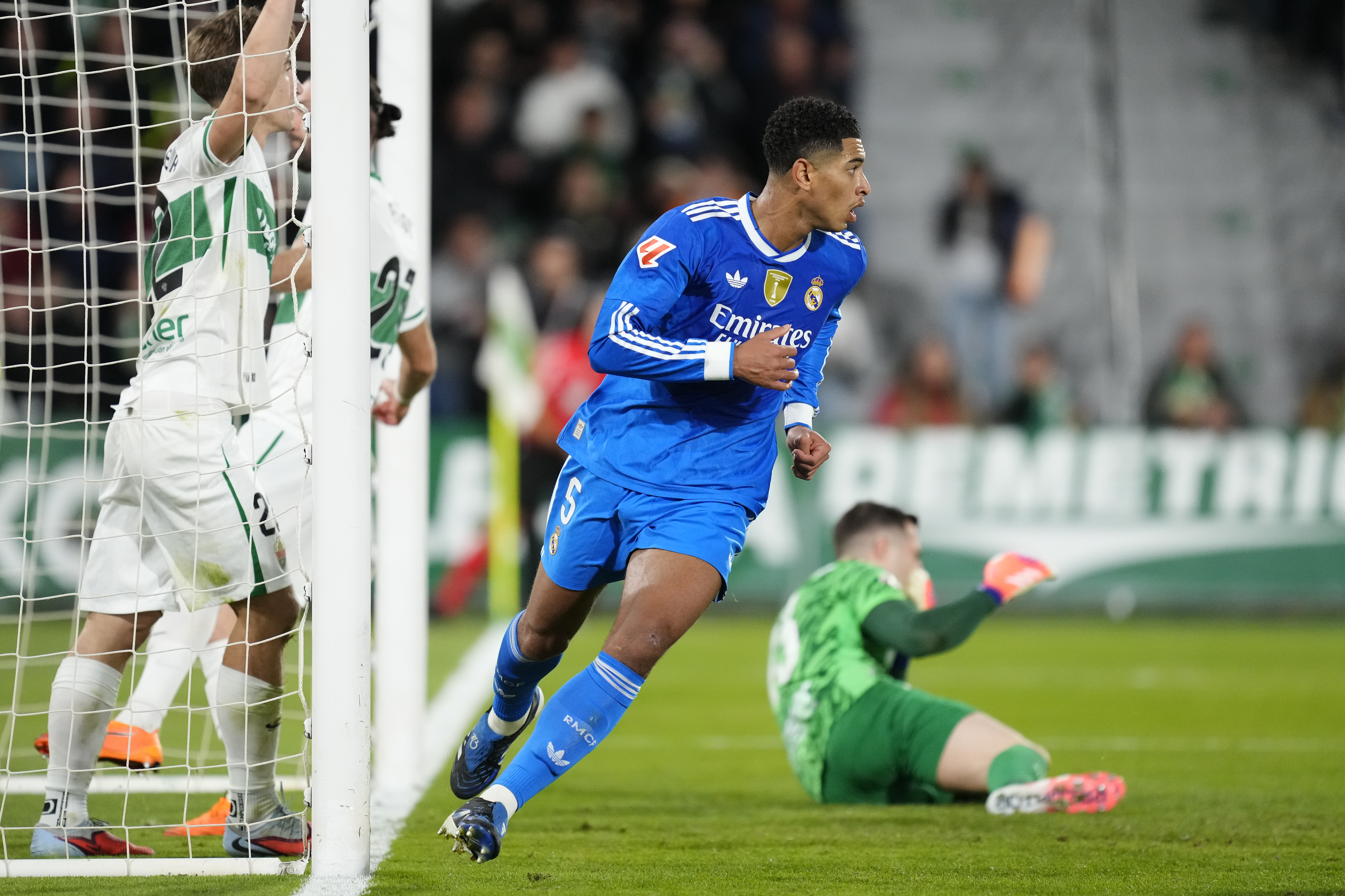 Jude Bellingham celebrates after scoring a goal.