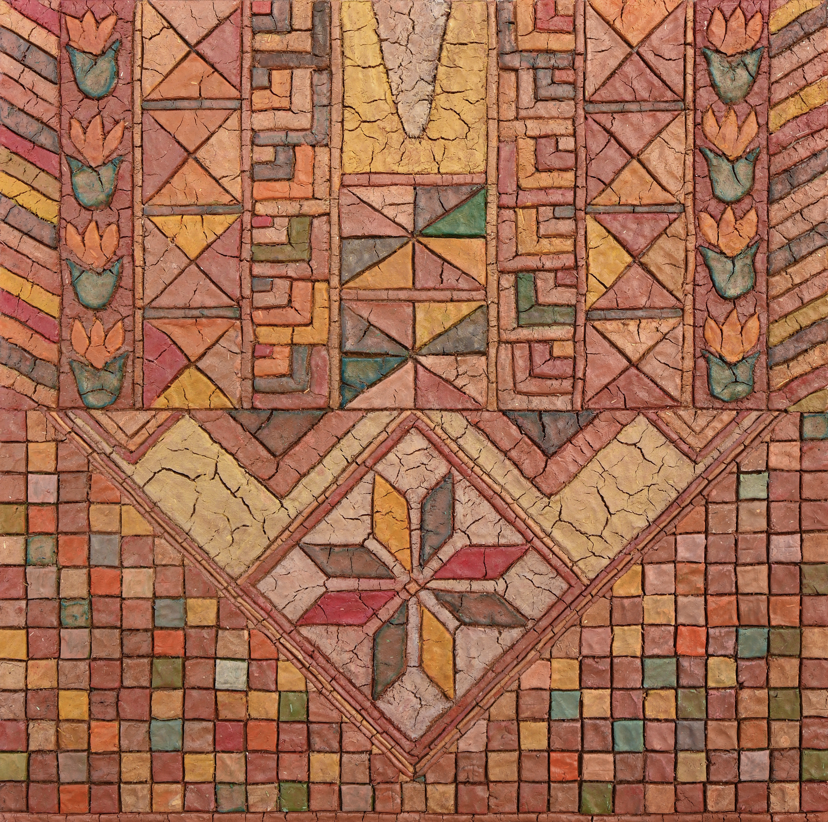 An art piece with geometric designs rendered on a wood panel, the mud is in different colours, making a mosaic