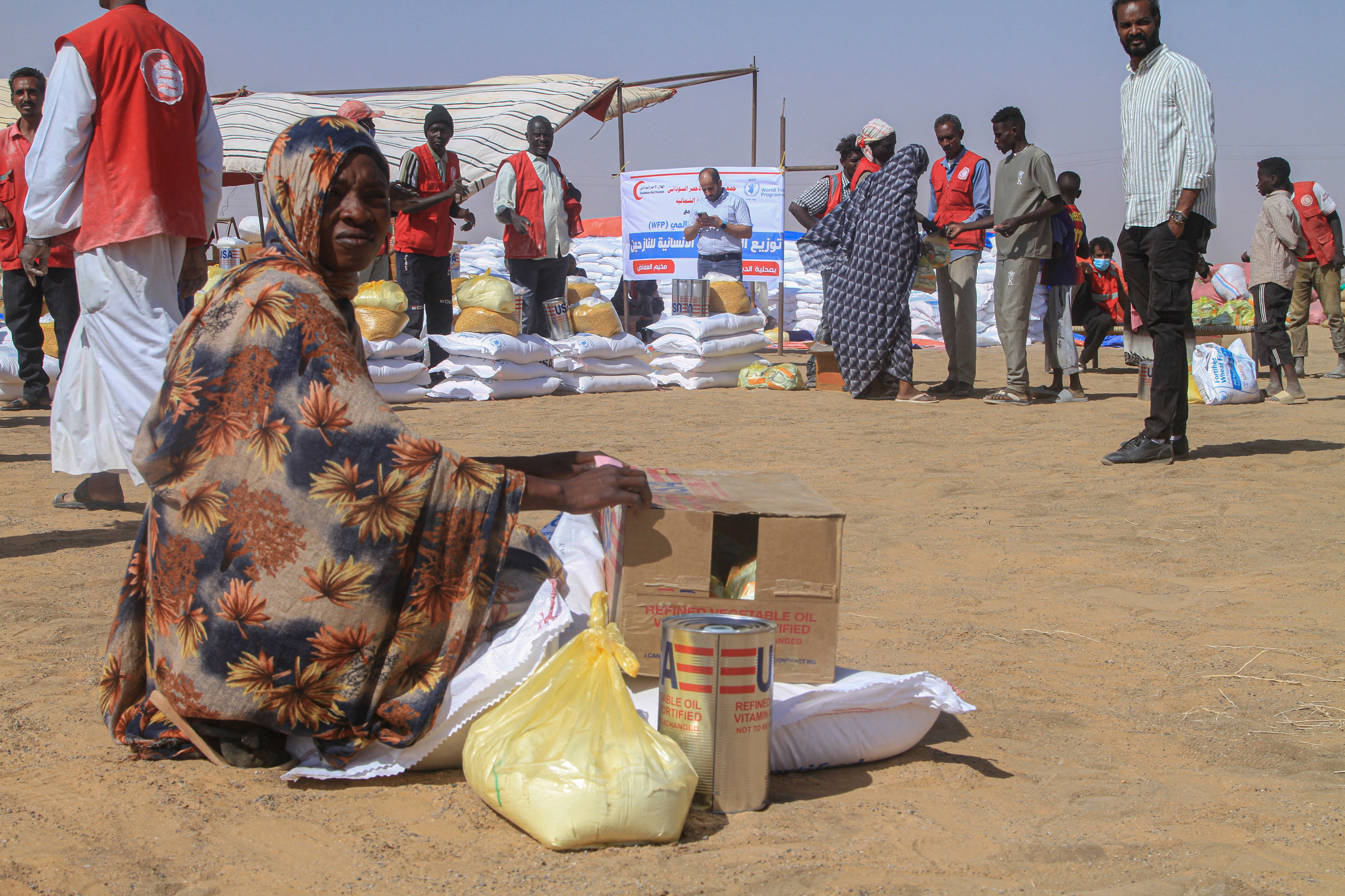 A Sudanese woman who fled el-Fasher sits next to limited aid she received at the al-Afad camp in al-Dabba, northern Sudan