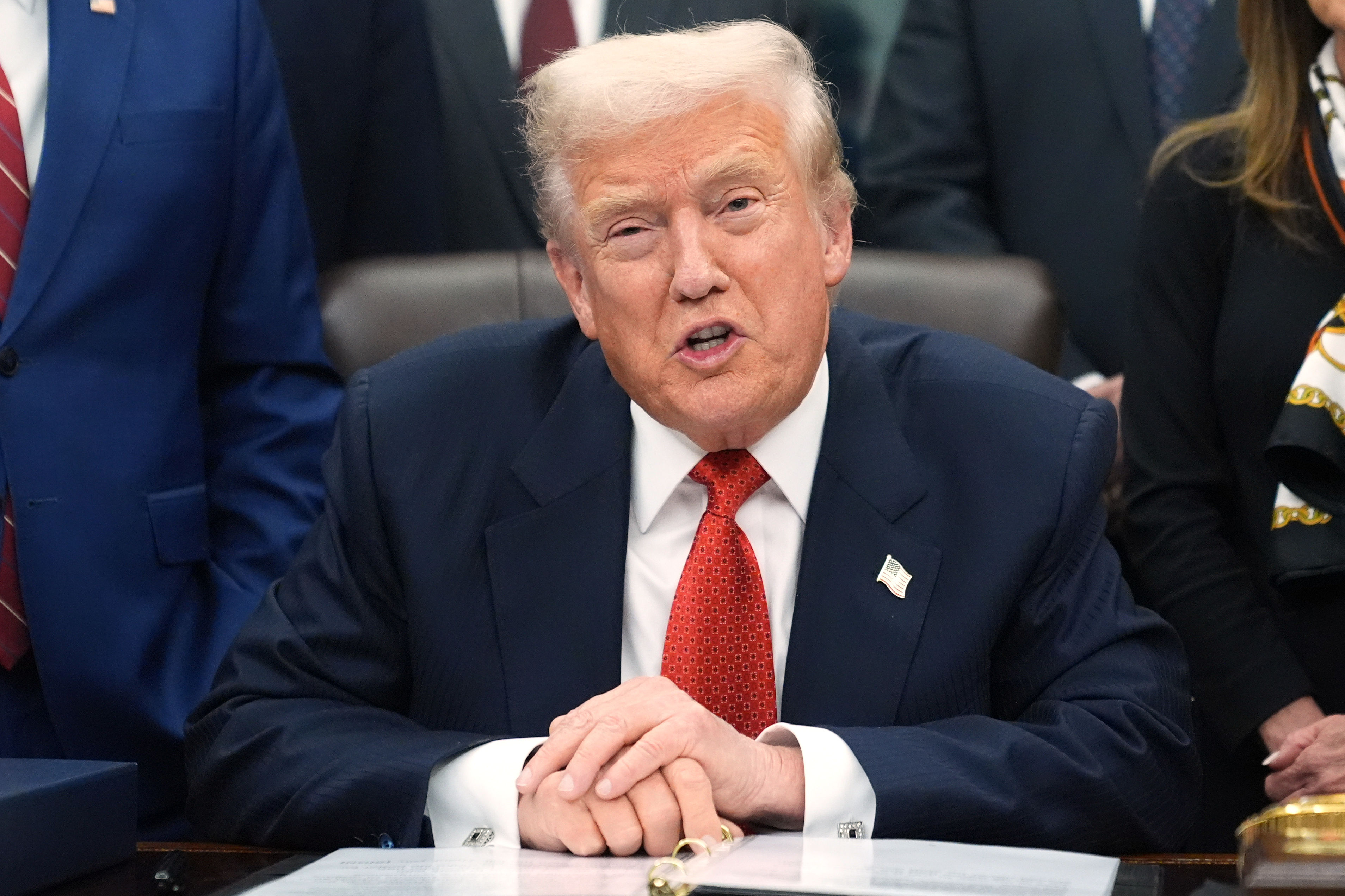 President Donald Trump speaks before signing the funding bill to reopen the government, in the Oval Office of the White House, Wednesday, Nov. 12, 2025, in Washington. (AP Photo/Jacquelyn Martin)
