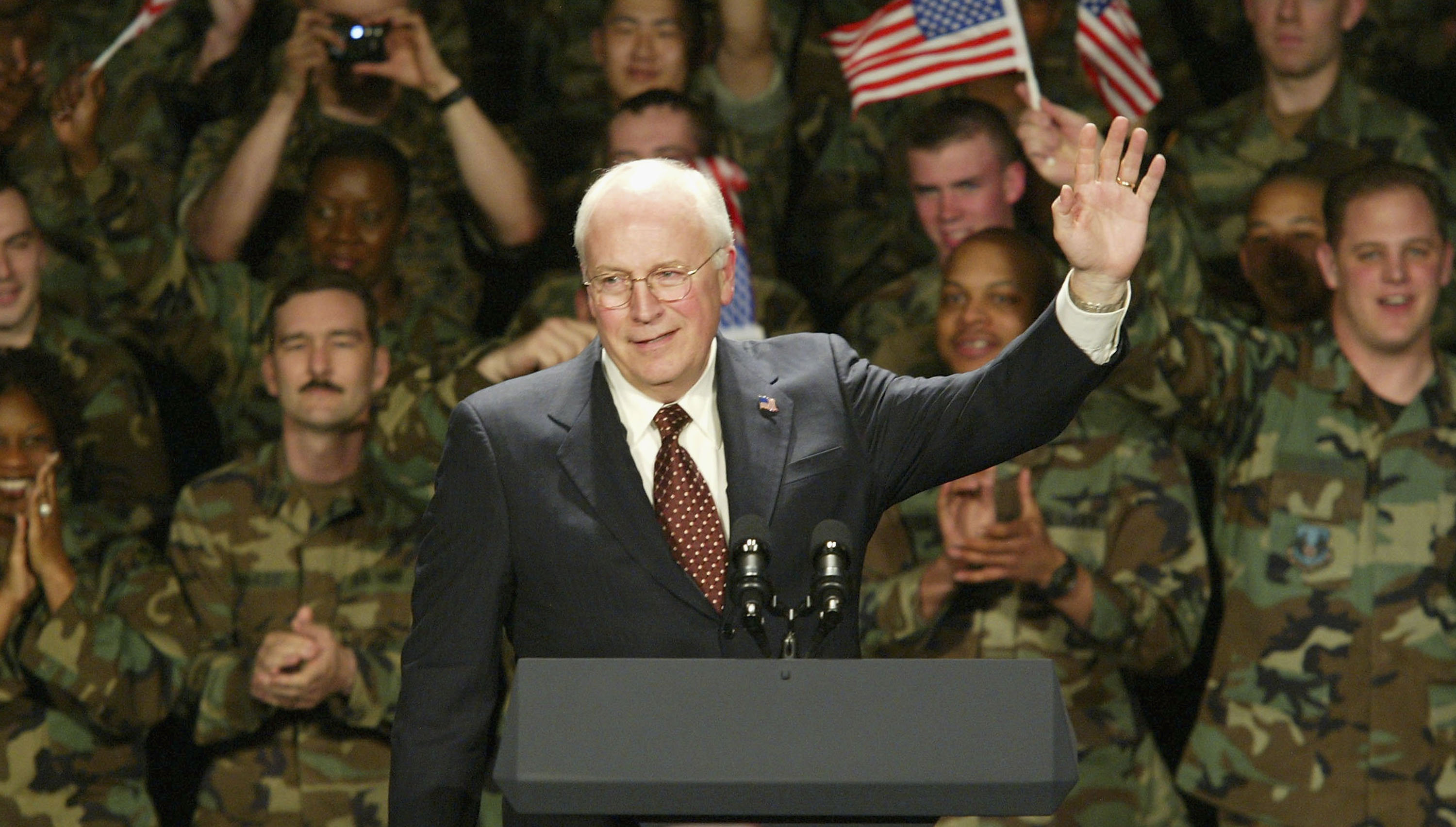 SEOUL, SOUTH KOREA - APRIL 16: U.S. Vice President Dick Cheney waves to the audience during a speech to soldiers at a U.S. army base on April 16 2004 in Seoul, South Korea. Cheney discussed the North Korean nuclear issue and is on a mission to urge nations allied against terrorism to stand fast with the United States and their mission in Iraq. (Photo by Chung Sung-Jun/Getty Images)