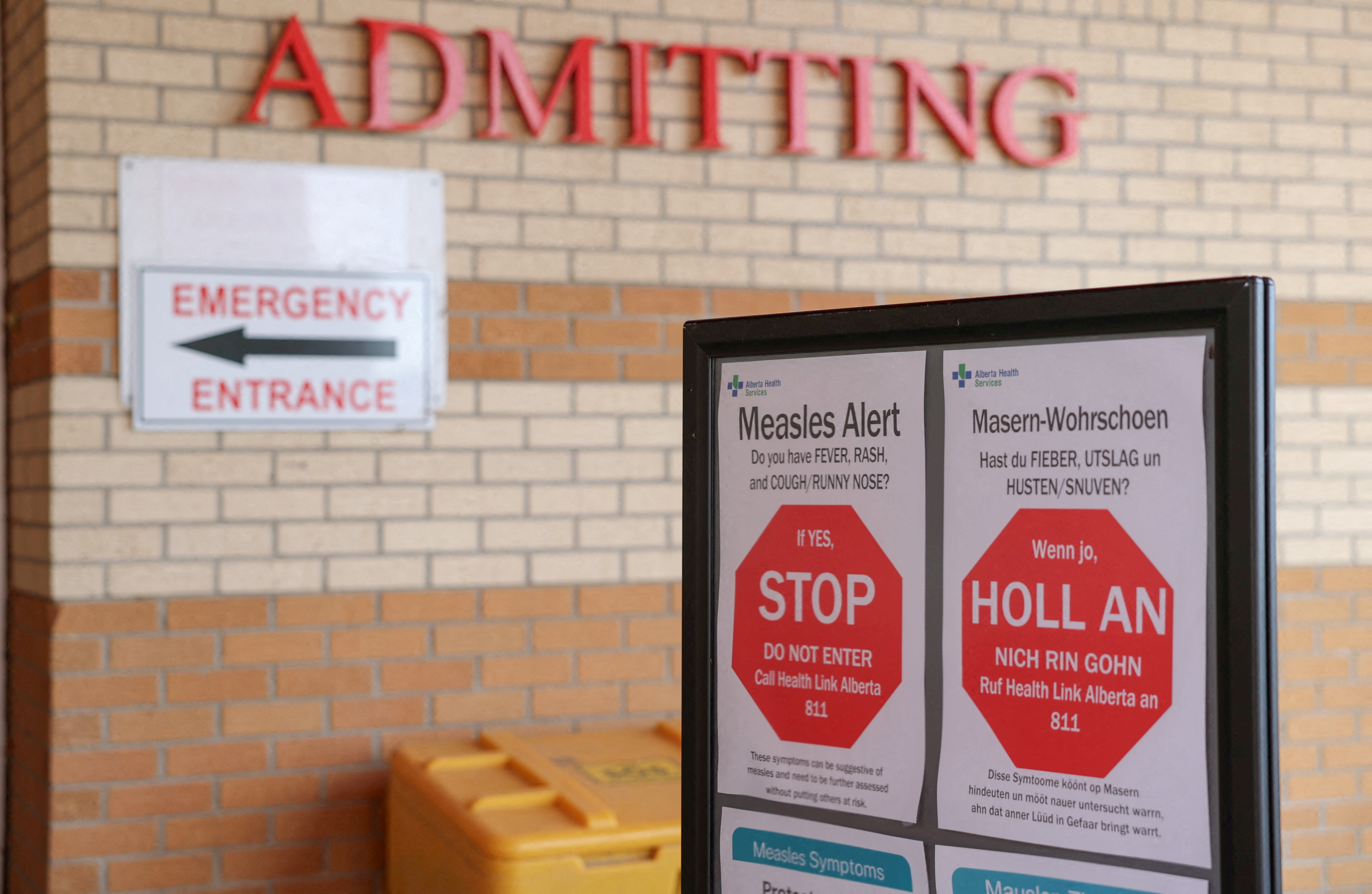 FILE PHOTO: Healthy awareness posters related to the measles outbreak during a public health awareness campaign, at the Taber Health Centre, in the largely Mennonite community of Taber, Alberta, Canada, October 27, 2025. REUTERS/Ahmed Zakot/File Photo