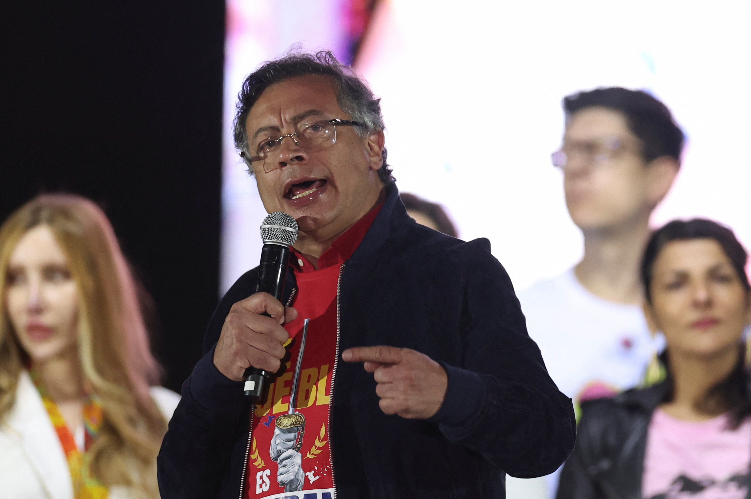 Colombian President Gustavo Petro speaks during a protest against U.S. President Donald Trump's recent comments accusing him of drug trafficking and a court ruling that overturned convictions against former President Alvaro Uribe, in Bogota, Colombia, October 24, 2025. REUTERS/Luisa Gonzalez