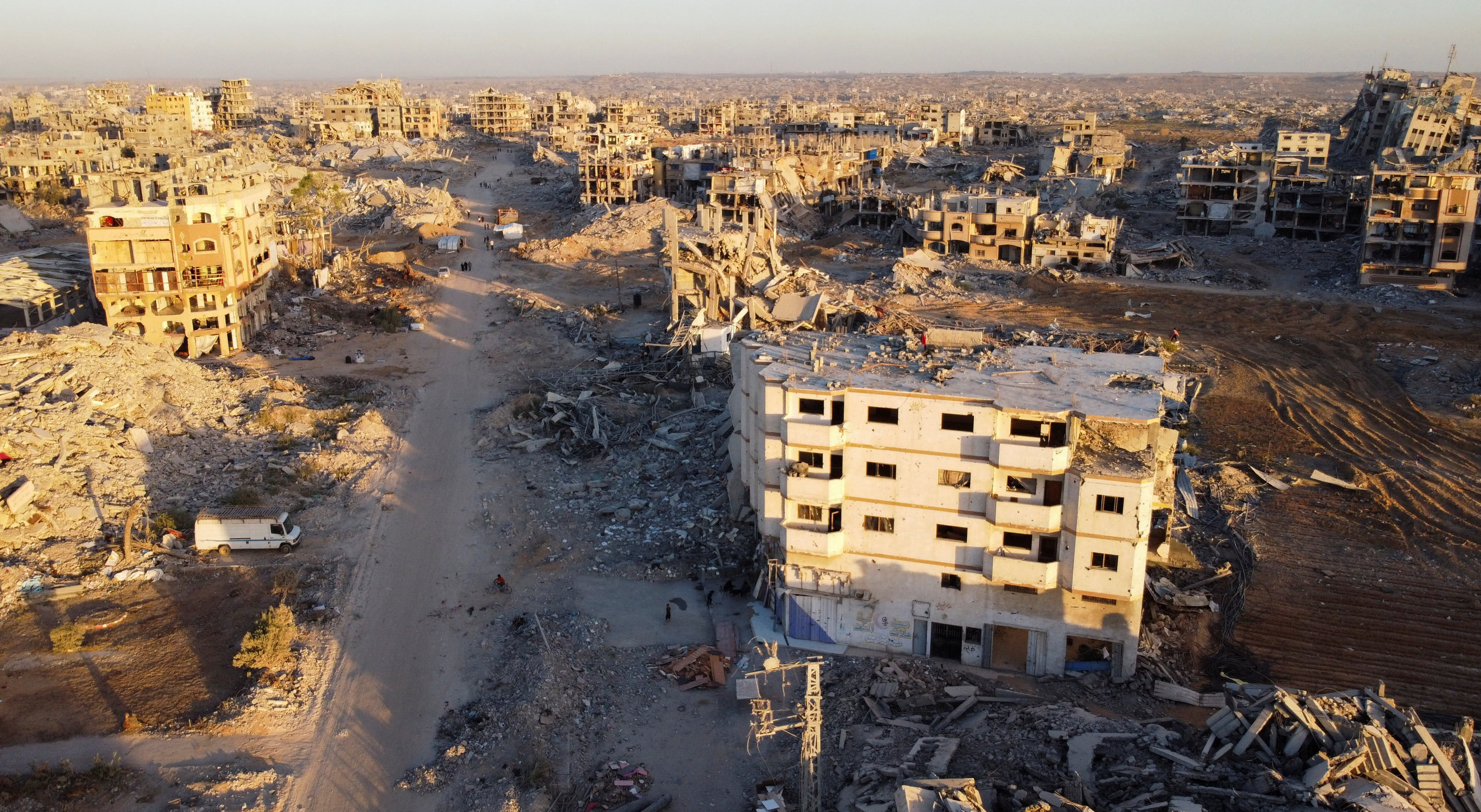 A drone view shows the destruction in a residential neighbourhood in Gaza.
