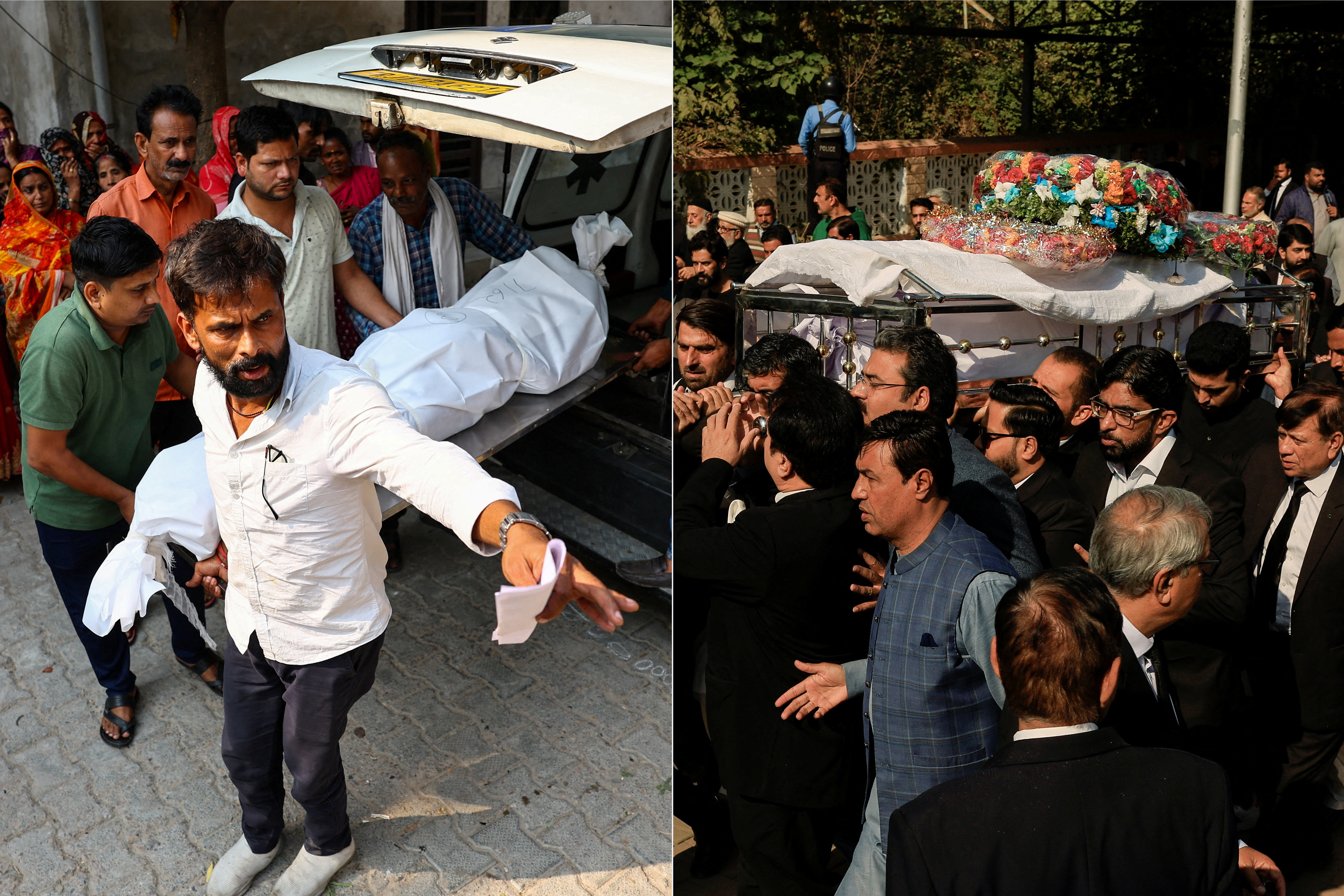 Left: People carry the body of Pankaj Sahni, who died in a deadly explosion in New Delhi. Right: Lawyers carry the coffin of Zubair Aslam Ghuman, a lawyer who was killed in a blast in Islamabad