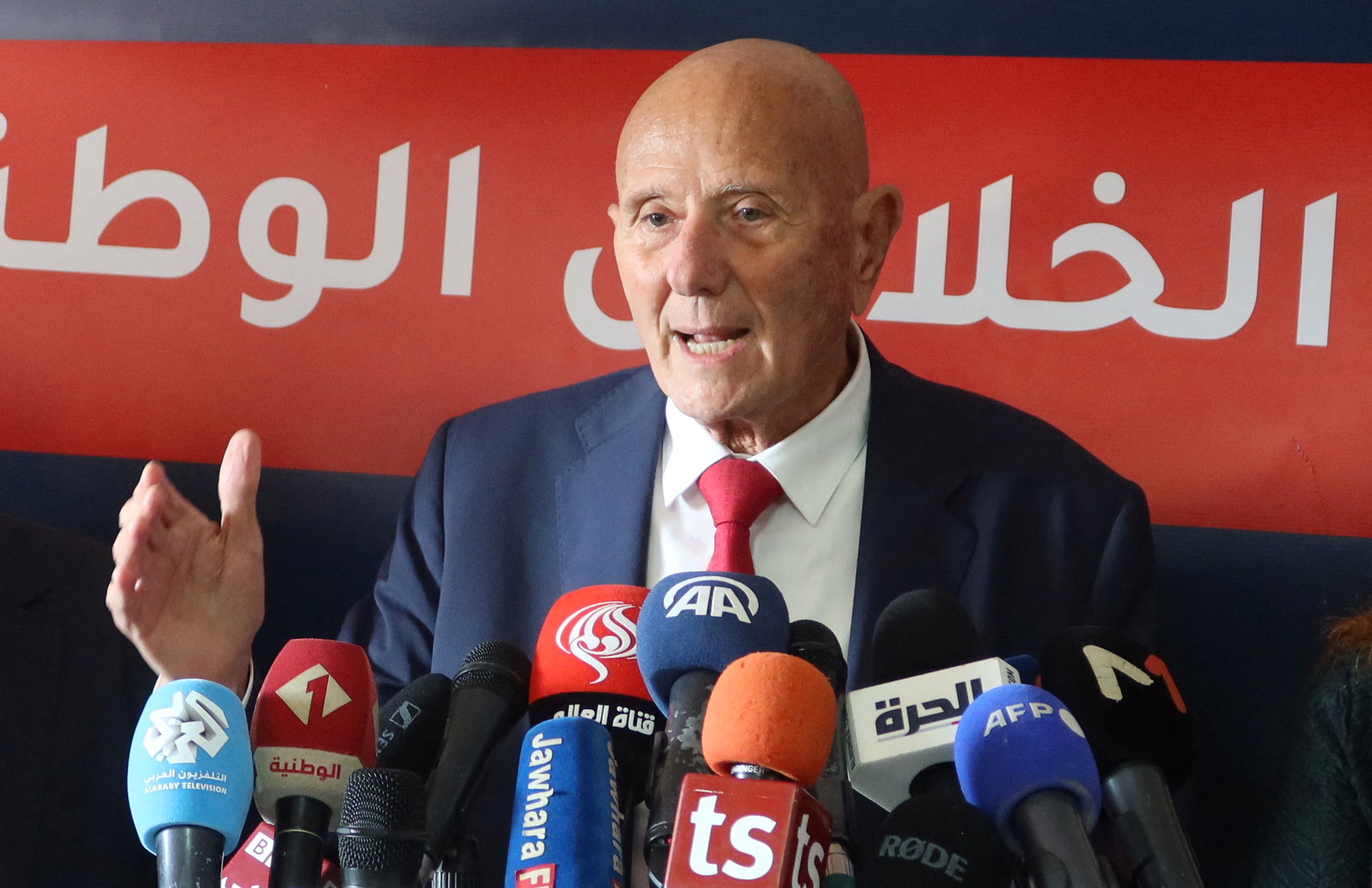 Ahmed Nejib Chebbi, head of the opposition National Salvation Front, speaks during a news conference in Tunis, Tunisia, in 2023 [File: Jihed Abidellaoui/Reuters]