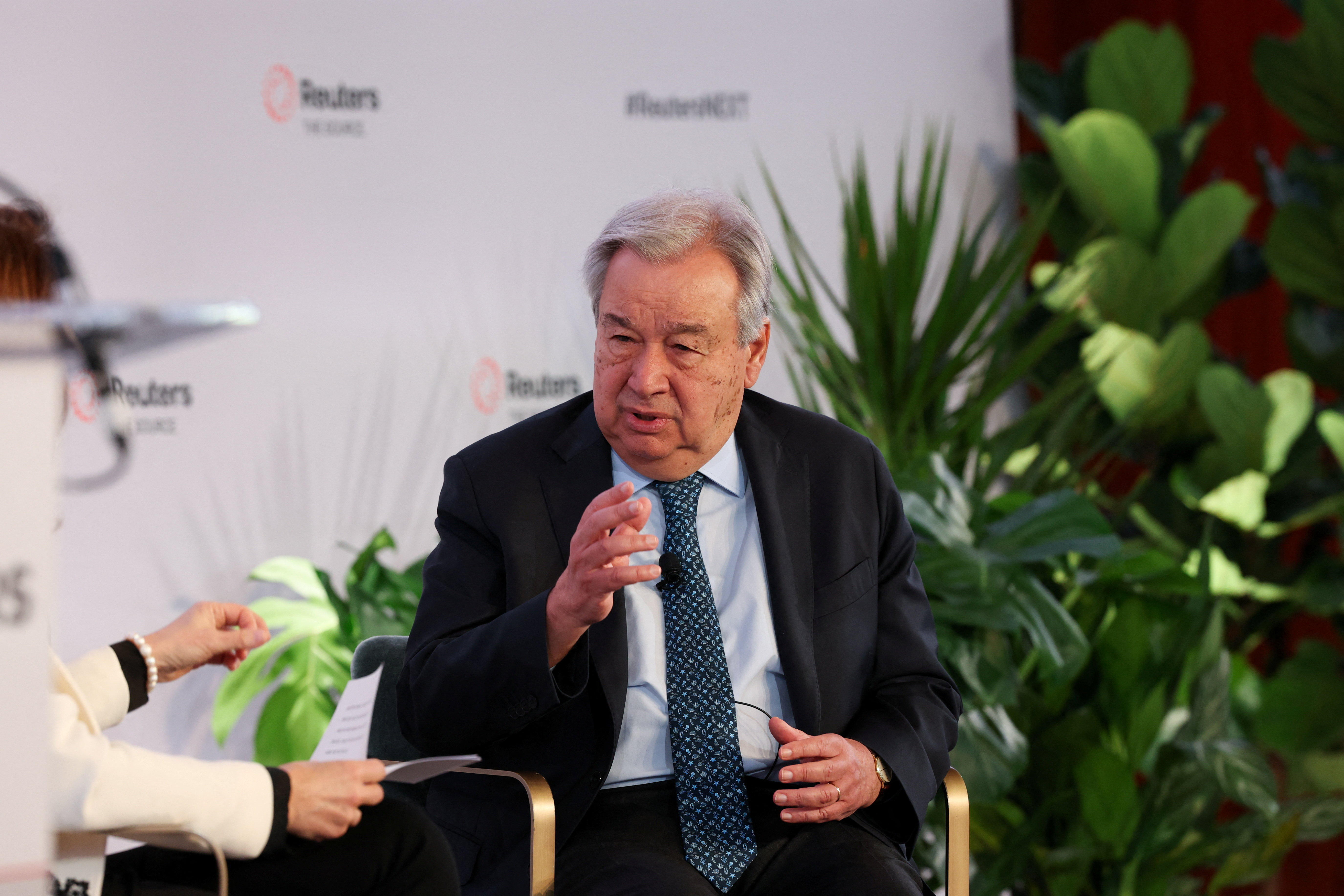 UN Secretary General Antonio Guterres speaks with Reuters Editor-in-Chief Alessandra Galloni during the Reuters NEXT conference, in New York City, New York, U.S., December 3, 2025. REUTERS/Brendan McDermid