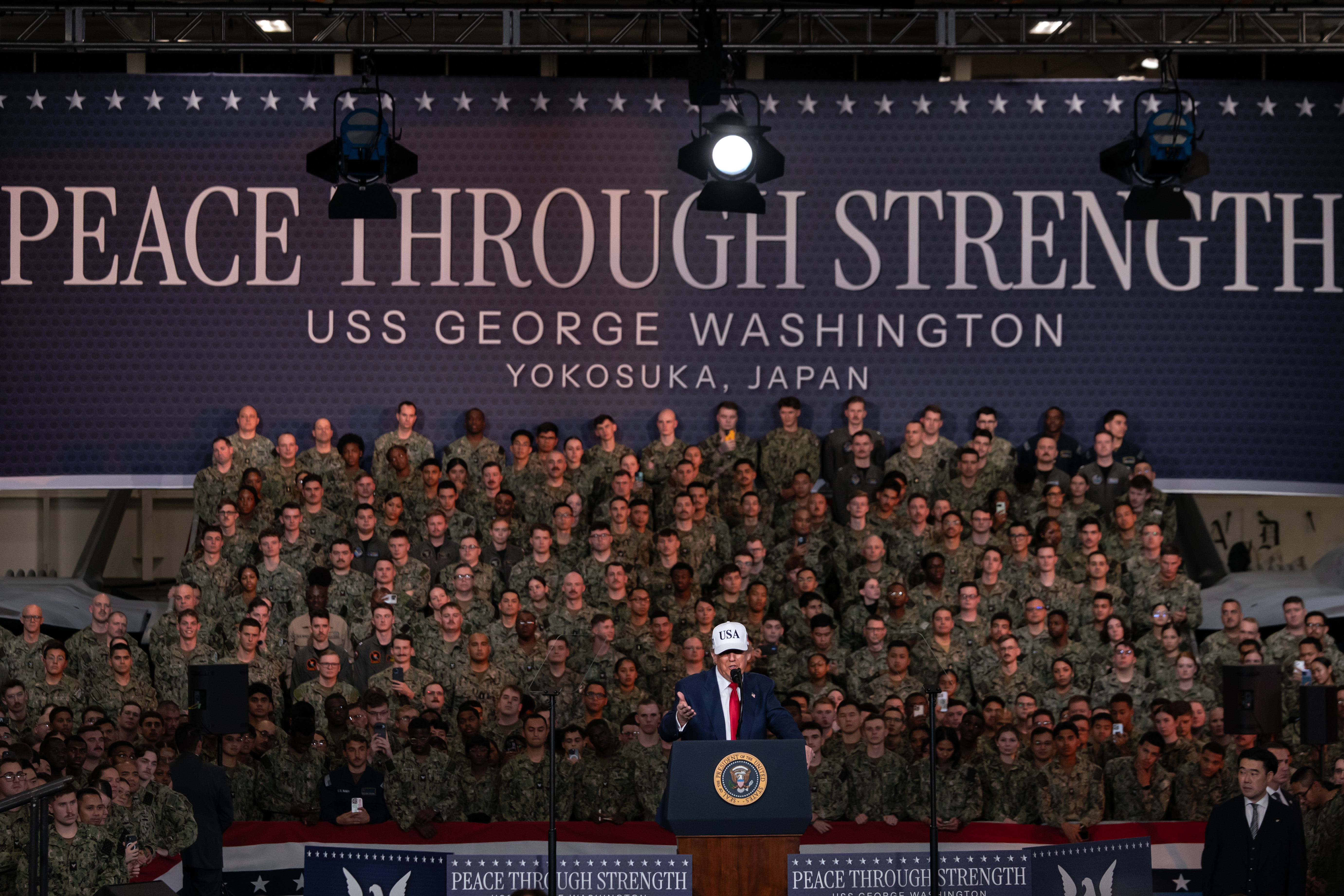 YOKOSUKA, JAPAN - OCTOBER 28: U.S. President Donald Trump speaks to troops aboard USS George Washington on October 28, 2025 in Yokosuka, Japan. Trump is visiting Japan, fresh off an appearance at the ASEAN summit in Malaysia, and will next travel to South Korea for the APEC meetings. (Photo by Tomohiro Ohsumi/Getty Images)