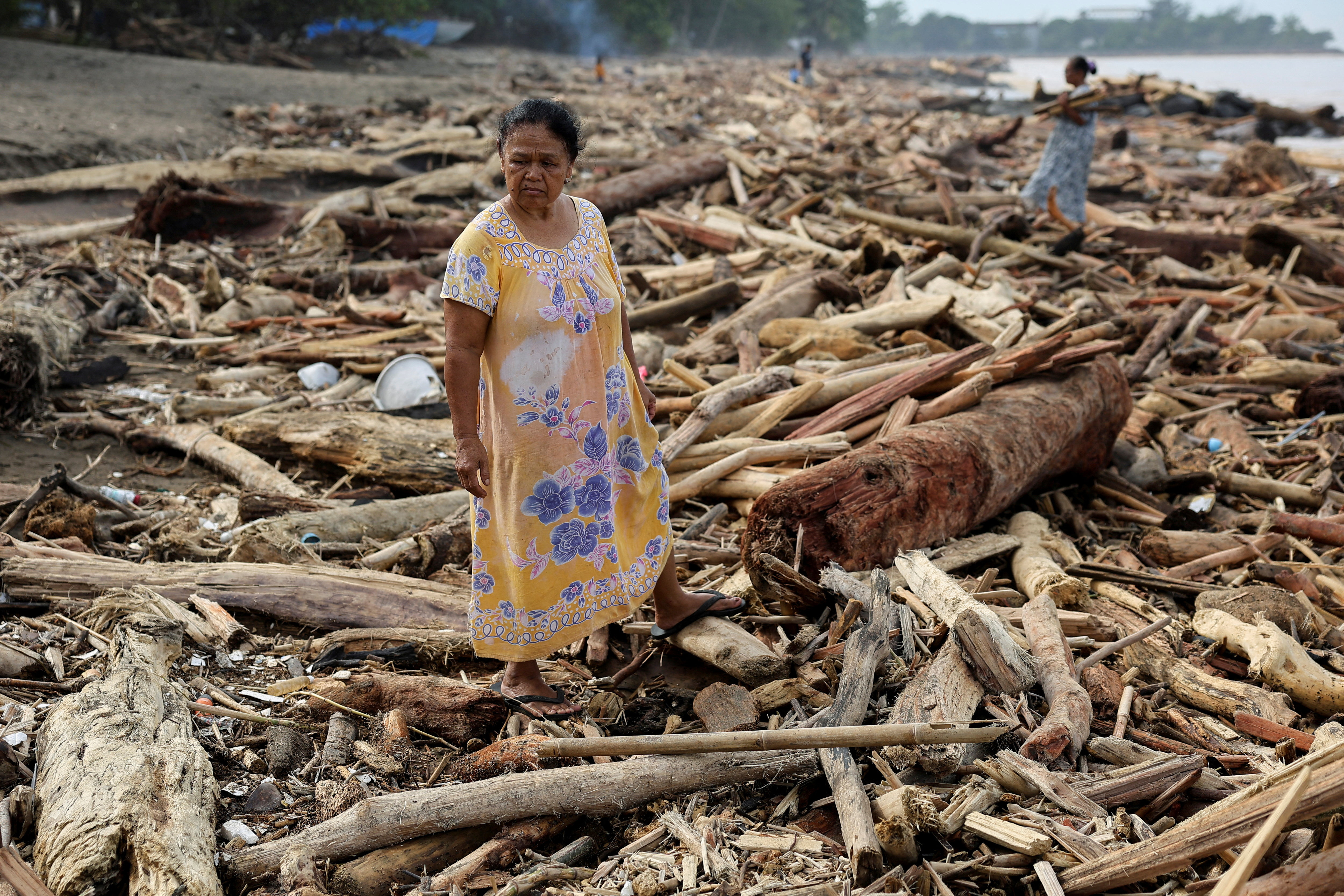 A woman stands amidst tree trunks that were stranded on a shore following deadly flash floods and landslides, in Padang, West Sumatra province, Indonesia, November 30, 2025. REUTERS/Willy Kurniawan