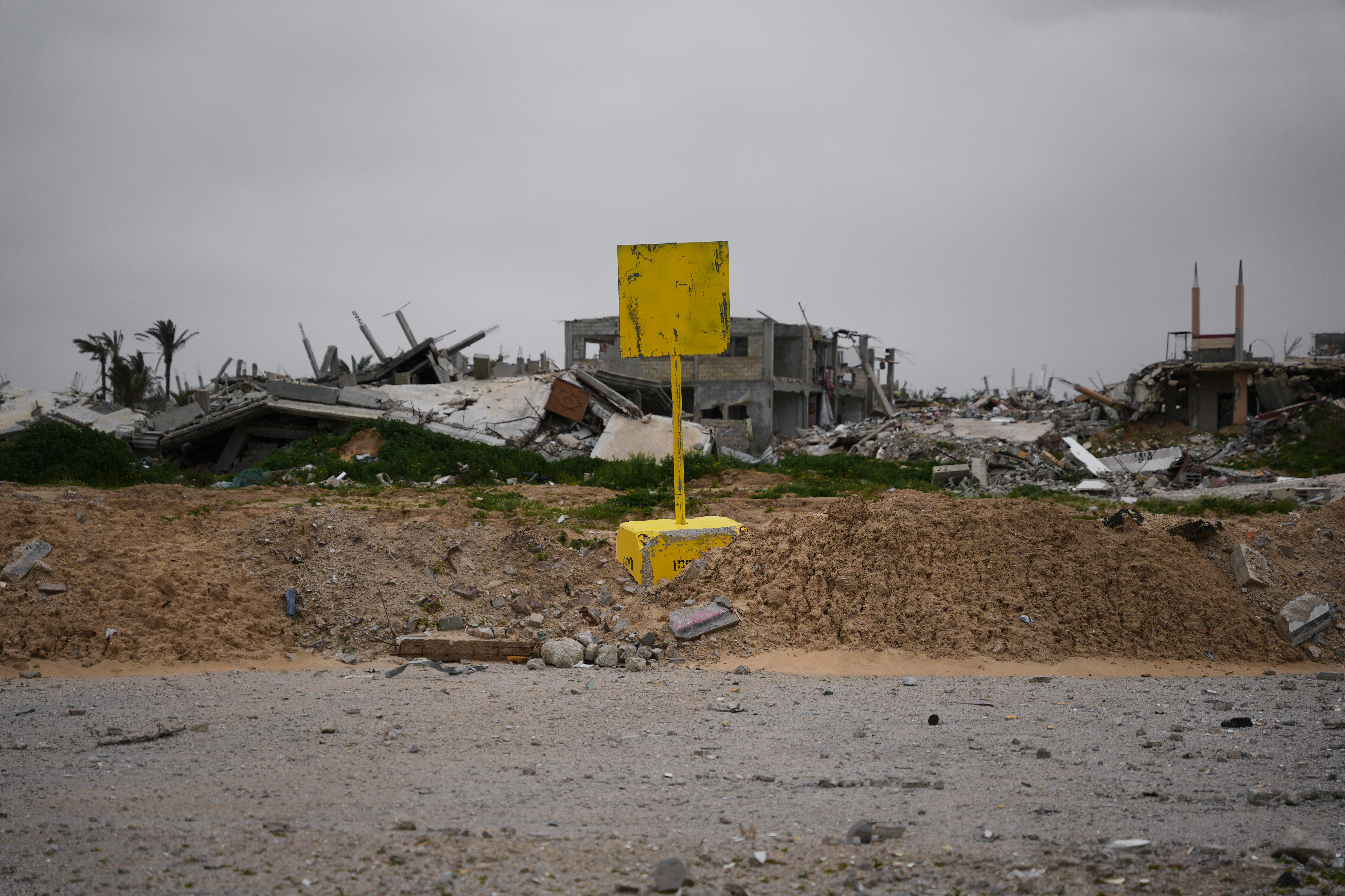 A yellow block demarcating the ‘Yellow Line’, which has separated the Gaza Strip’s Israeli-held and Palestinian zones since a ‘ceasefire’ began a year ago, is seen in Khan Younis in the southern Gaza Strip on January 22, 2026
