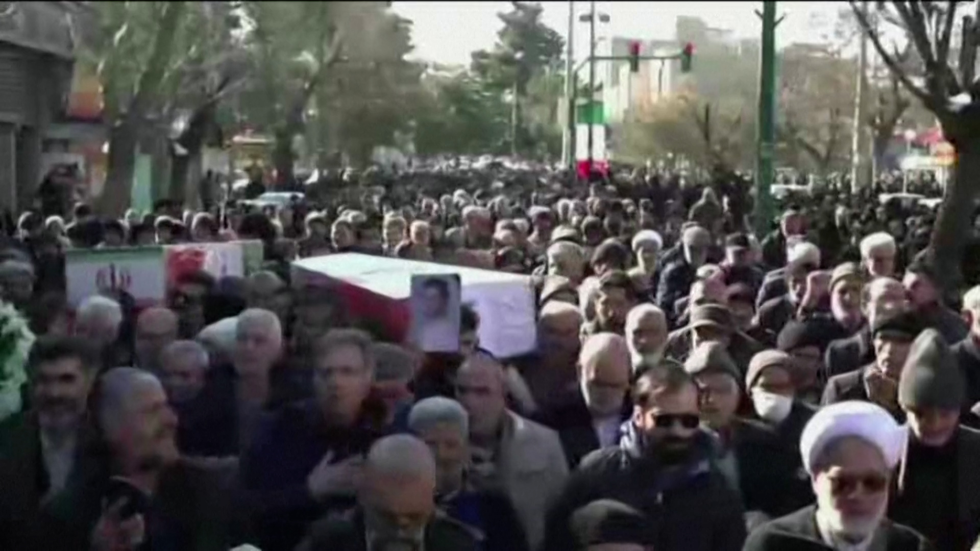 A screenshot shows mourners gathering in Isfahan and Hamadan, Iran on Jan. 16, 2026 to bury people killed during recent demonstrations, which officials have dismissed as "riots."