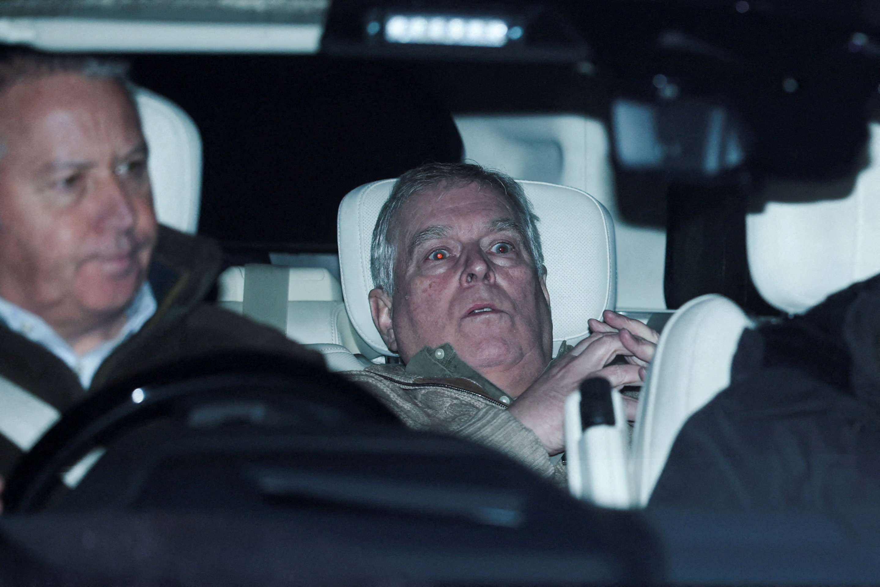 Andrew Mountbatten Windsor, younger brother of Britain’s King Charles, formerly known as Prince Andrew, leaves Aylsham Police Station
