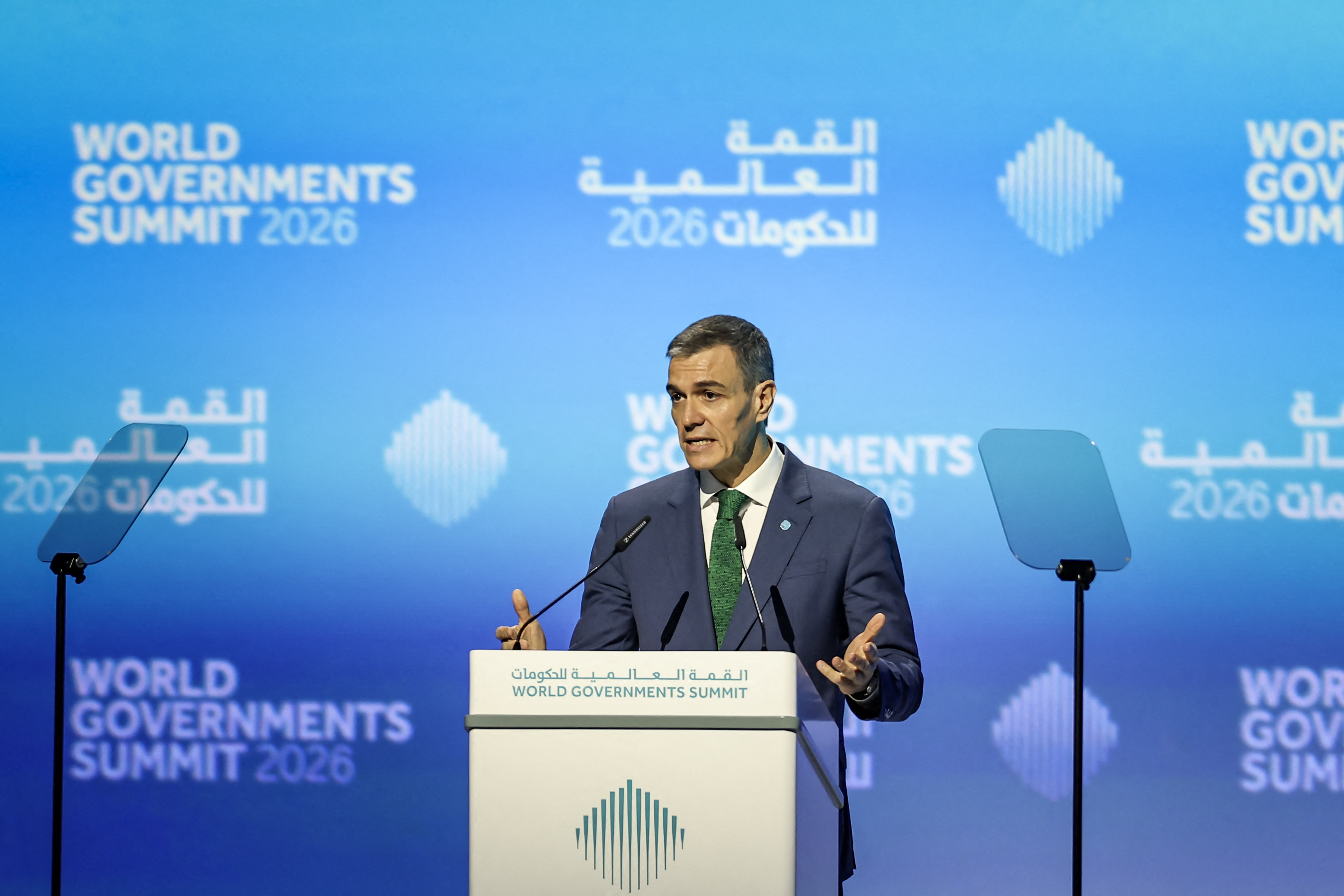 Spain's Prime Minister Pedro Sanchez gives a speech.