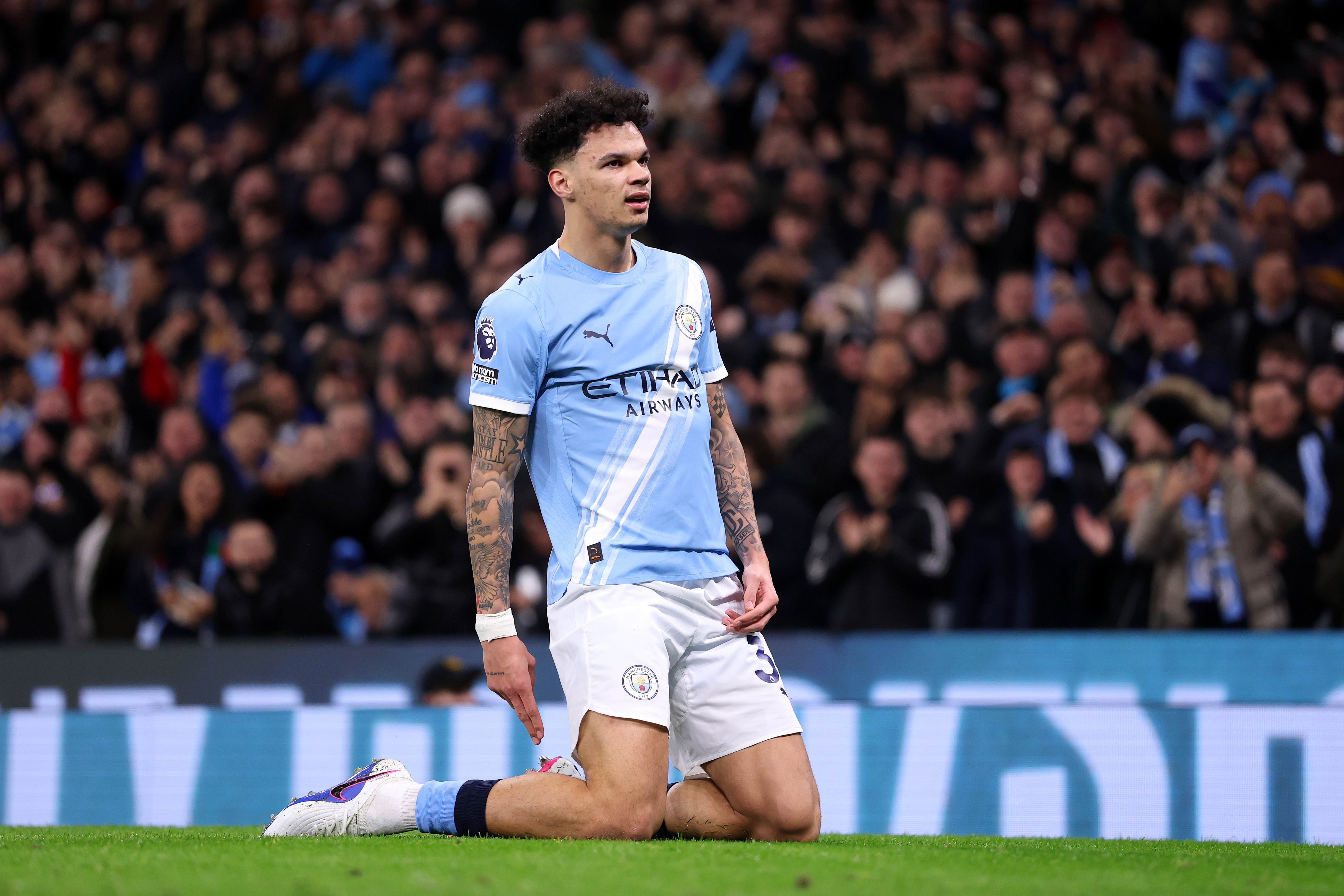 MANCHESTER, ENGLAND - FEBRUARY 21: Nico O'Reilly of Manchester City celebrates scoring his team's first goal. during the Premier League match between Manchester City and Newcastle United at Etihad Stadium on February 21, 2026 in Manchester, England. (Photo by Stu Forster/Getty Images)