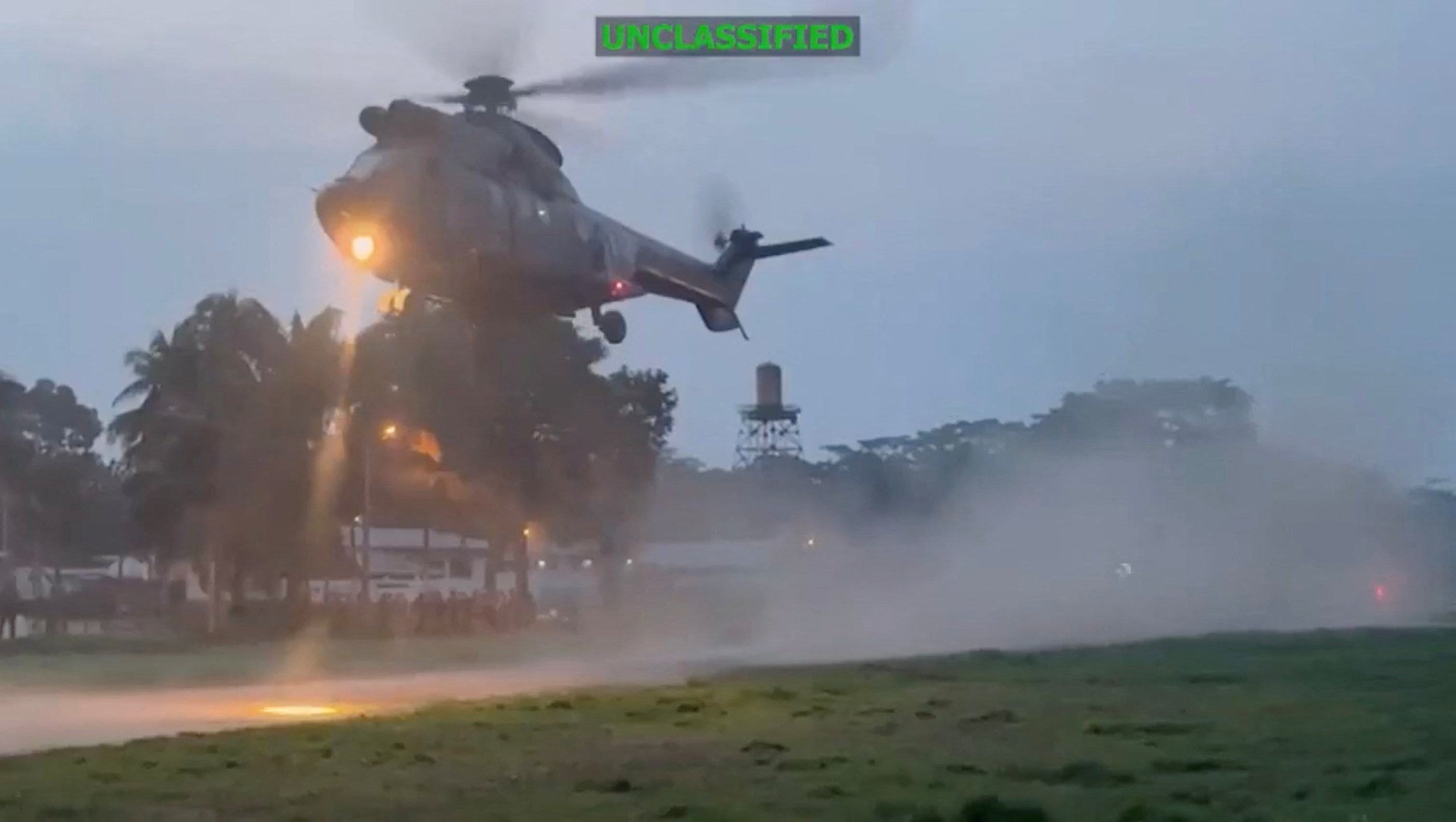 A helicopter takes off in a US military video