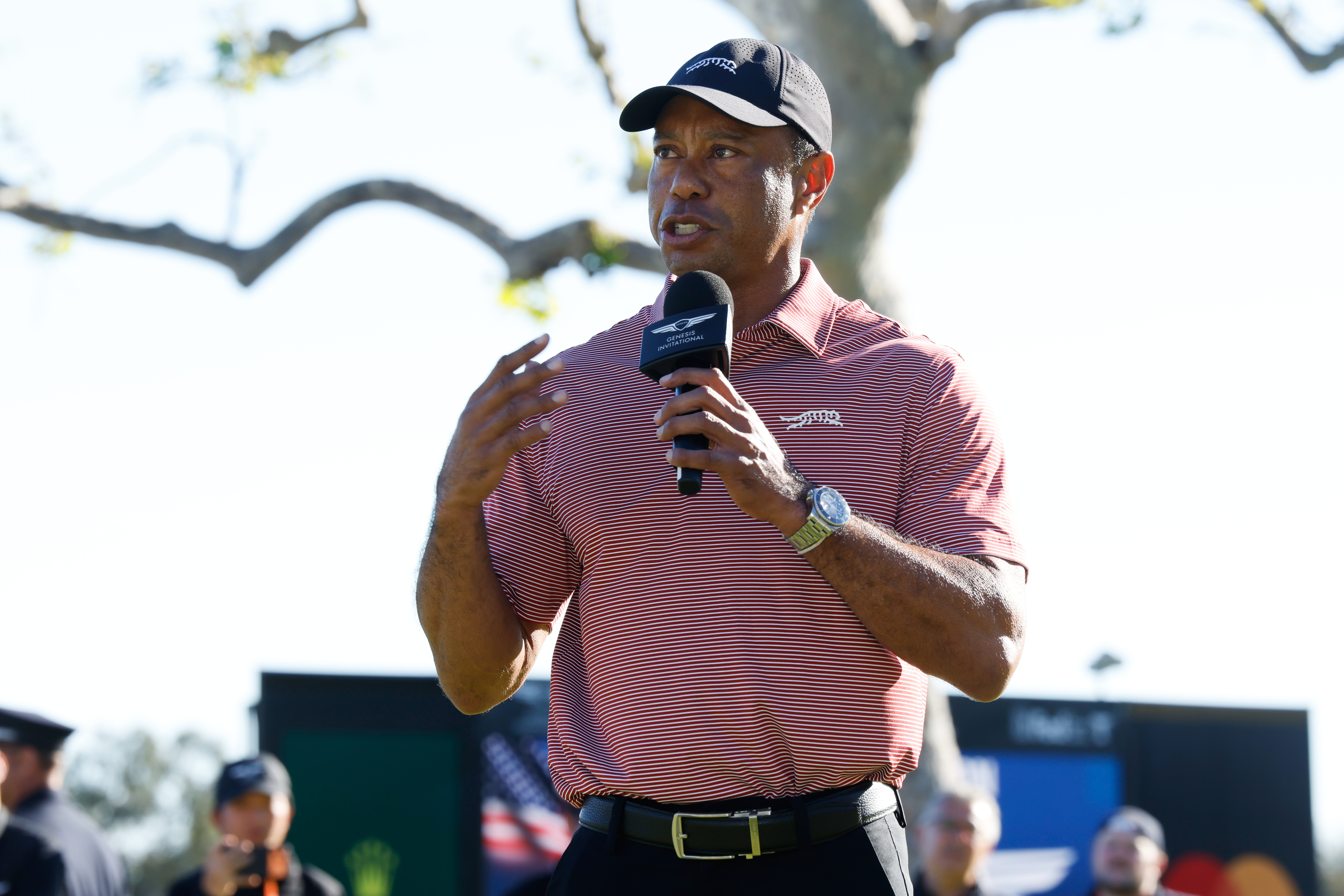Tiger Woods reacts.