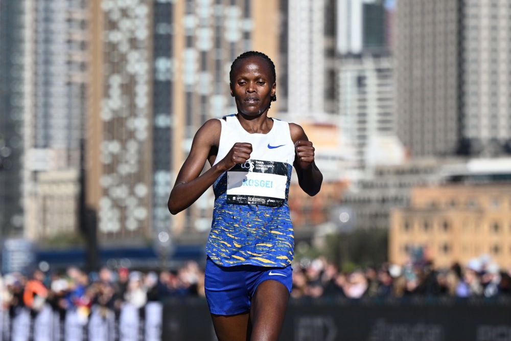 Brigid Kosgei of Kenya crosses the finish line in second place in the women's 2025 Sydney Marathon