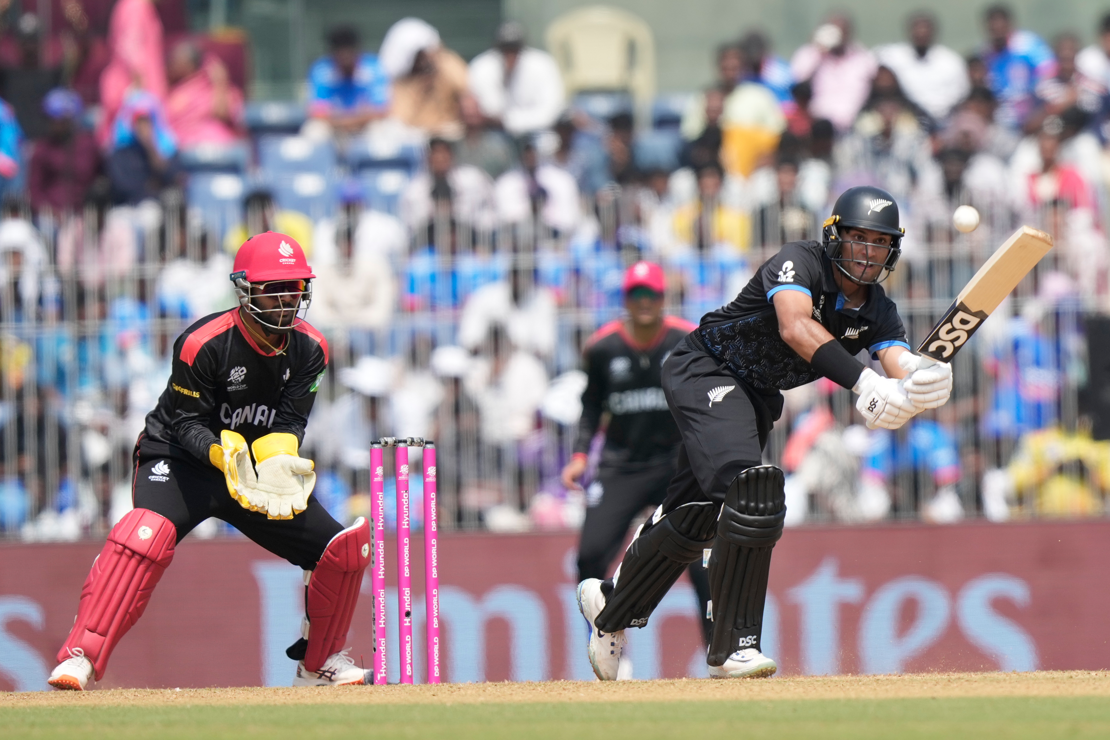 New Zealand's Rachin Ravindra plays a shot during the T20 World Cup cricket match between Canada and New Zealand in Chennai, India