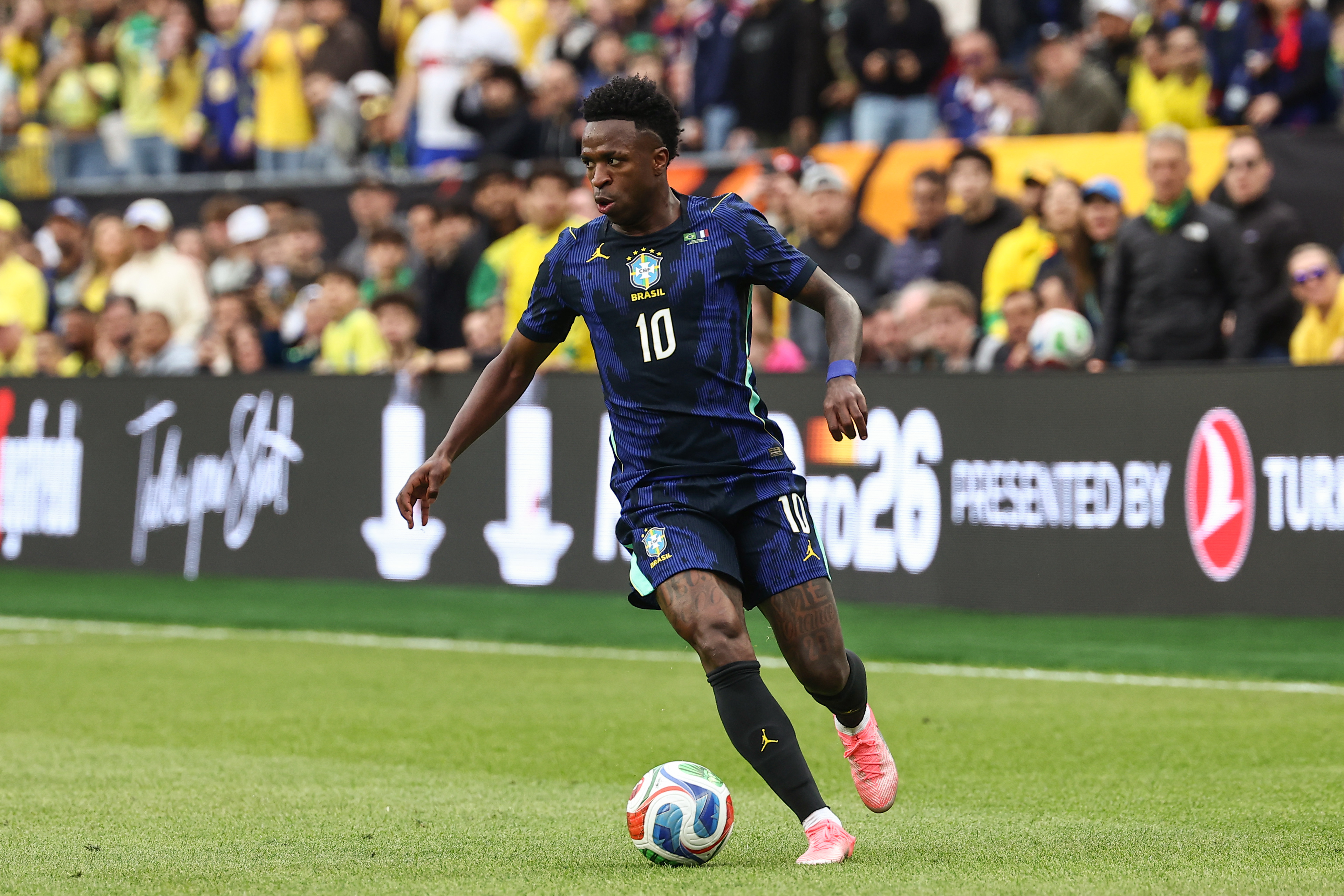 Mar 26, 2026; Foxborough, Massachusetts, USA; Brazil forward Vinicius Junior (10) against France at Gillette Stadium. Mandatory Credit: Winslow Townson-Imagn Images