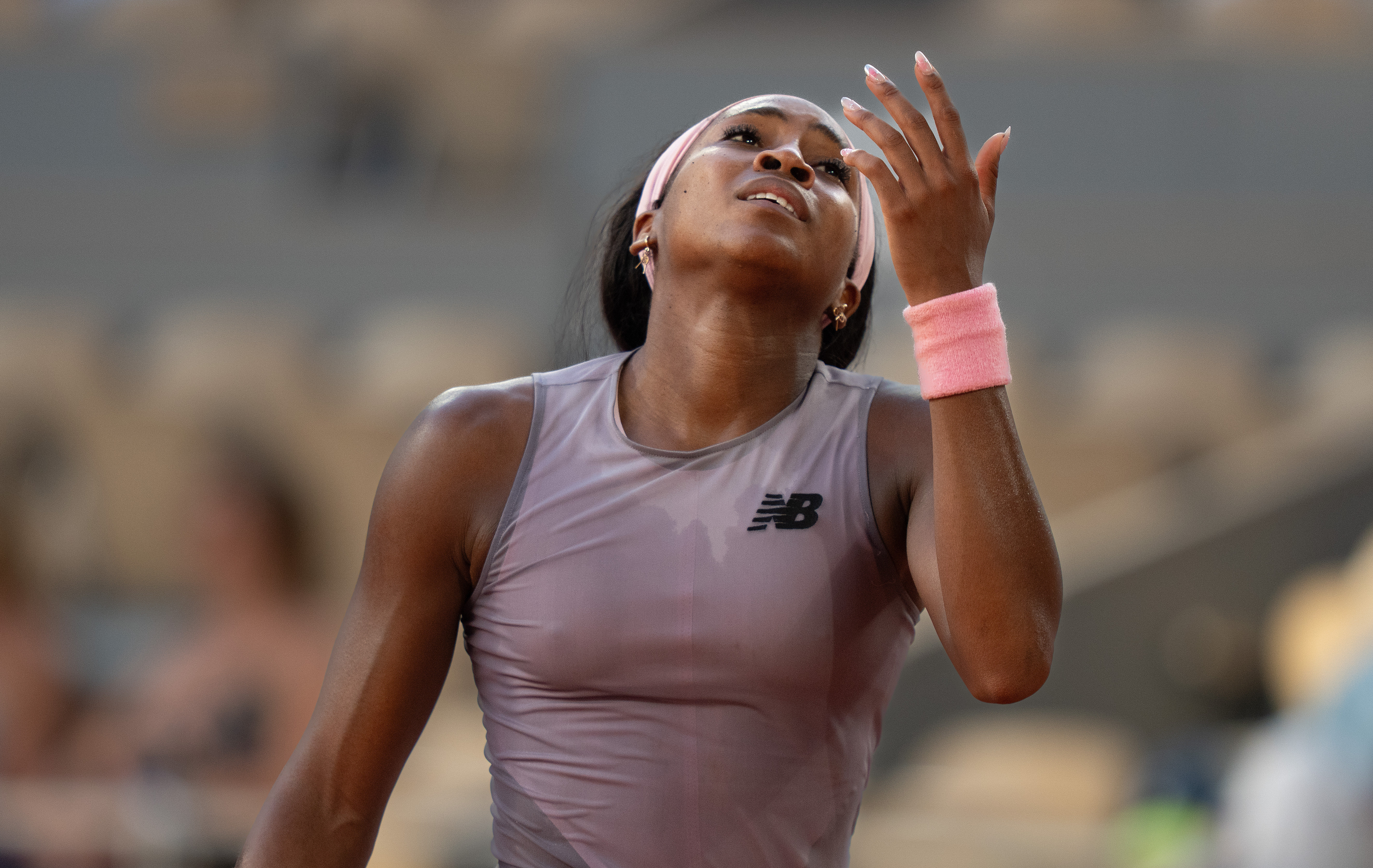 May 30, 2026; Paris, France; Coco Gauff of the United States reacts during her match against Anastasia Potapova of Austria on day seven at Stade Roland Garros. Mandatory Credit: Susan Mullane-Imagn Images