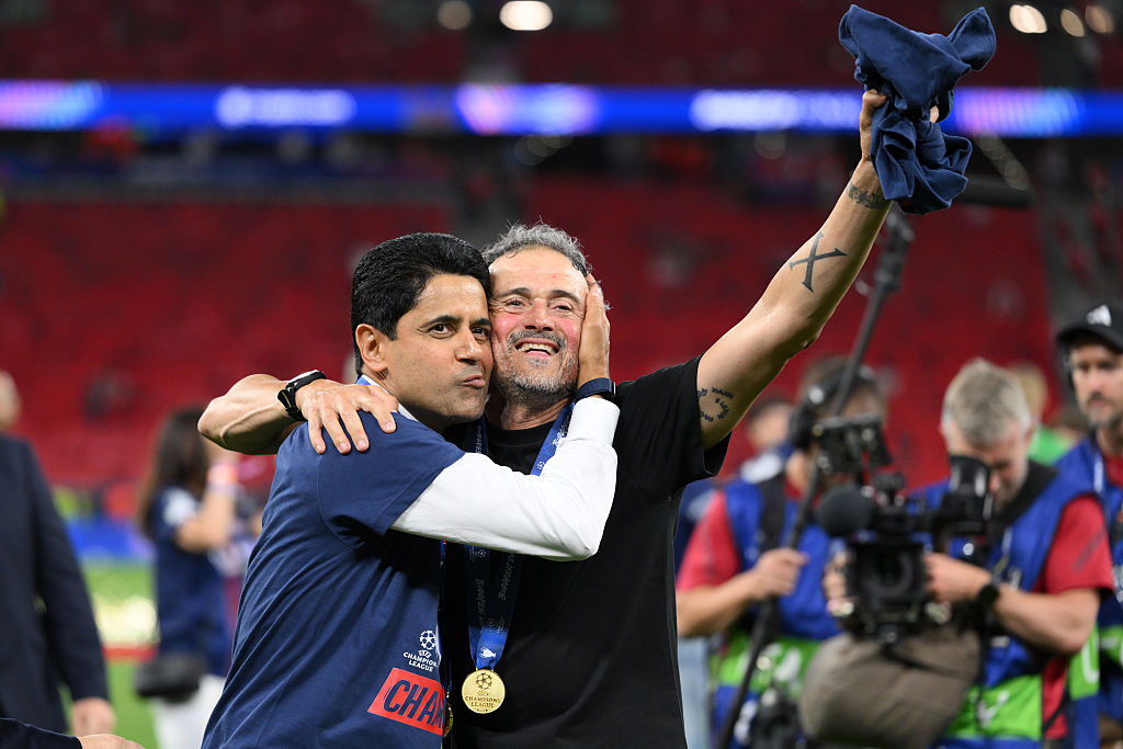 Head Coach of Paris Saint-Germain Luis Enrique and President of Paris Saint-Germain Nasser Al-Khelaifi, celebrate after the team's victory in the UEFA Champions League Final
