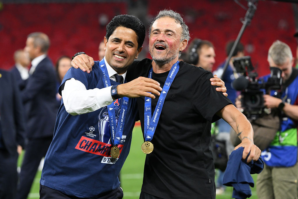 Head Coach of Paris Saint-Germain Luis Enrique and President of Paris Saint-Germain Nasser Al-Khelaifi, celebrate after the team's victory in the UEFA Champions League Final