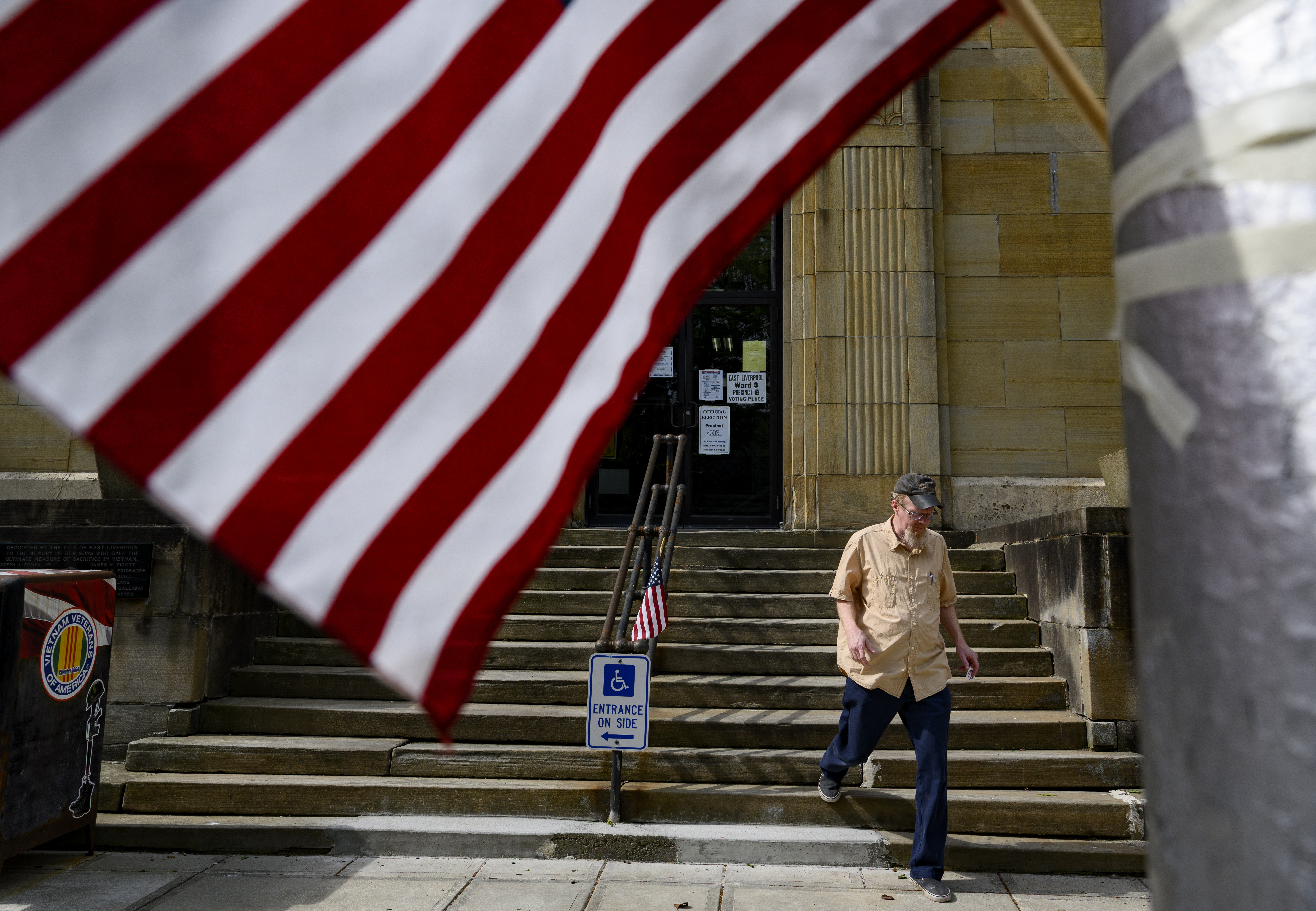 EAST LIVERPOOL, OHIO - MAY 5: A voter leaves the polling station at the East Liverpool City Hall after casting a ballot during the Ohio voting primaries on May 5, 2026 in East Liverpool, Ohio. The Columbiana County Board of Elections anticipates a 20% voter turnout in the county during the primary. Jeff Swensen/Getty Images/AFP (Photo by JEFF SWENSEN / GETTY IMAGES NORTH AMERICA / Getty Images via AFP)
