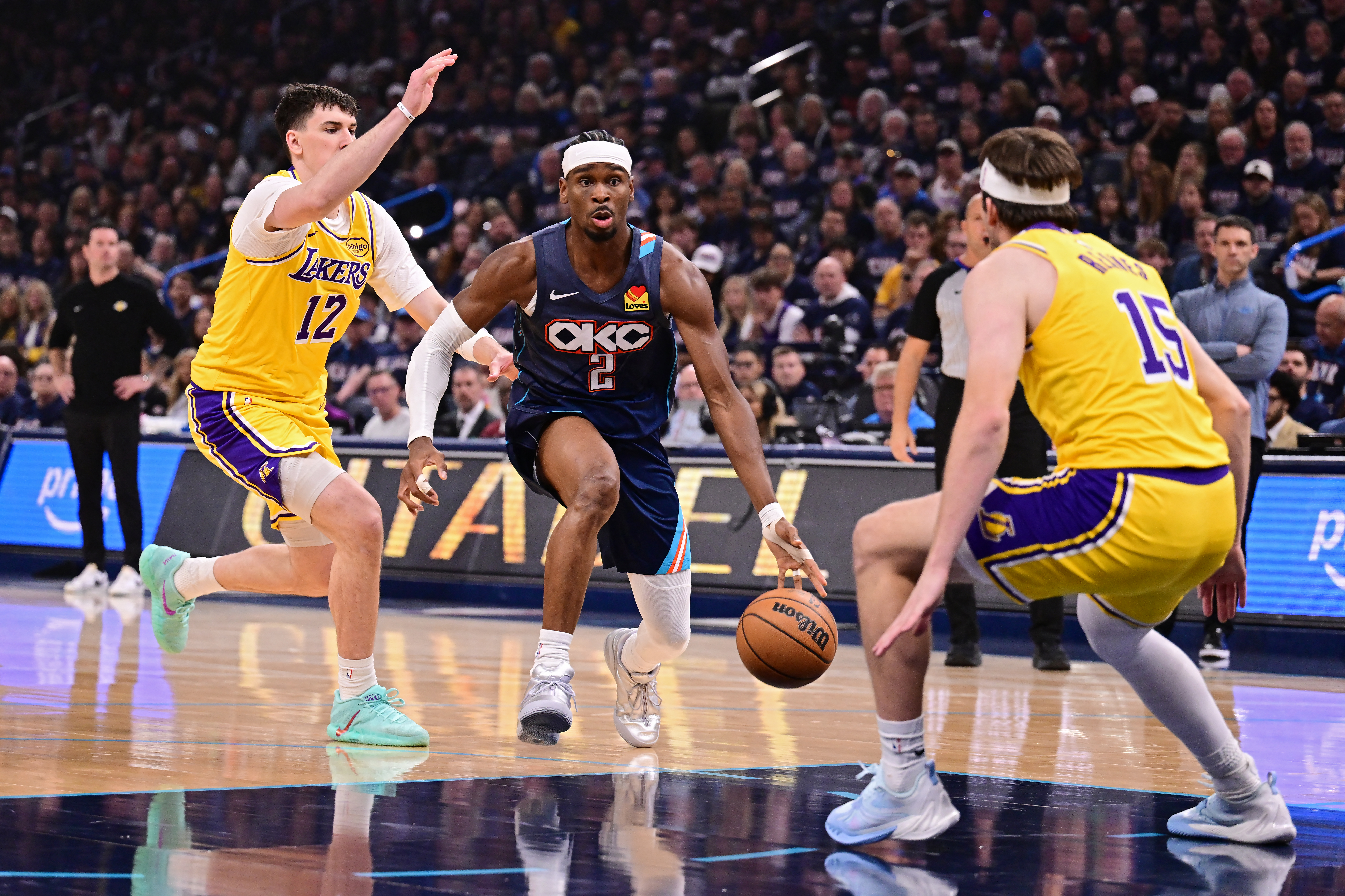 Shai Gilgeous-Alexander #2 of the Oklahoma City Thunder in a game.