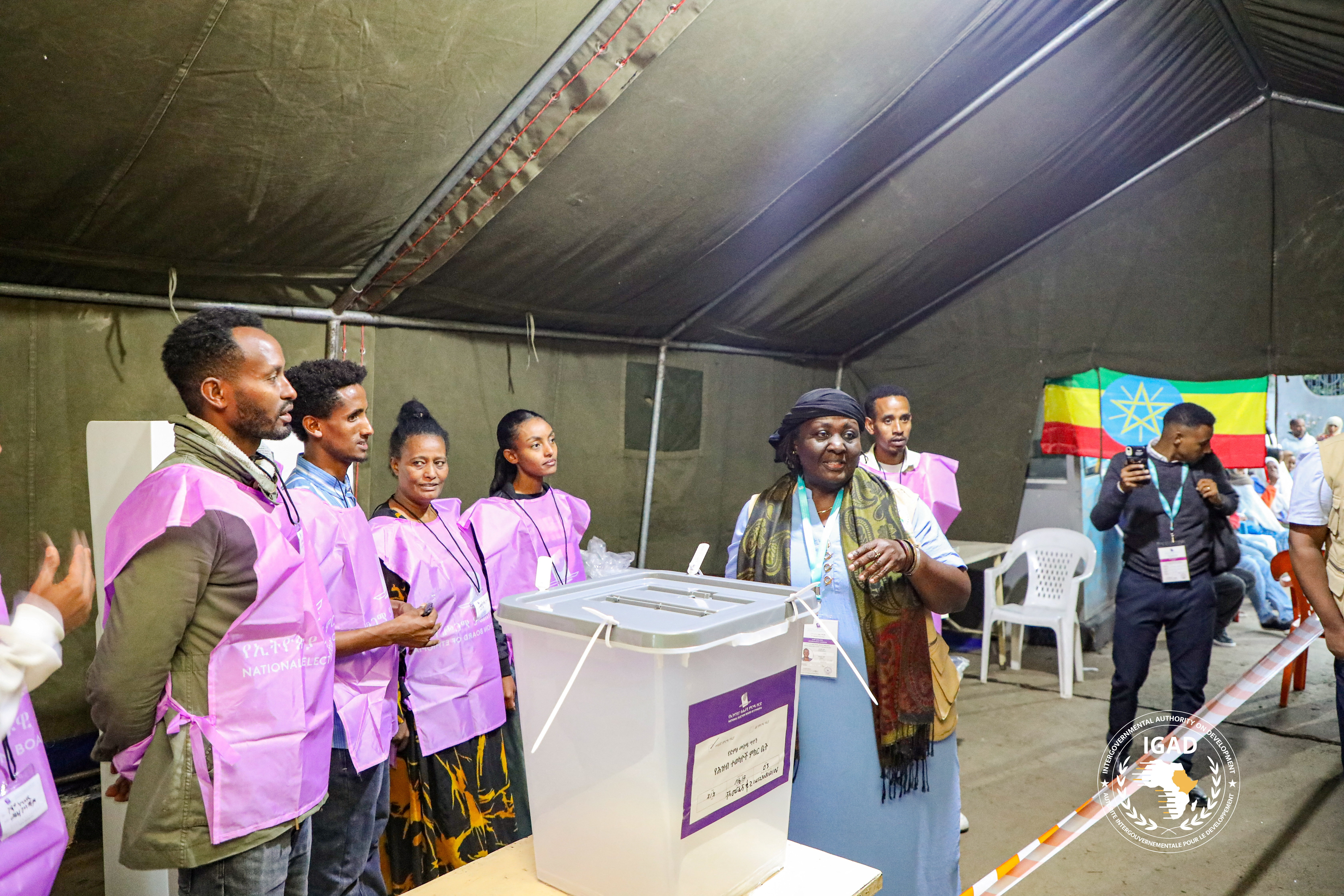 Dr. Specioza Wandira Kazibwe, Head of the IGAD Election Observer Mission, talks to National Election Board of Ethiopia (NEBE) officials at a polling station during the parliamentary and regional elections in Addis Ababa, Ethiopia, June 1, 2026. The Intergovernmental Authority on Development (IGAD)/Handout via REUTERS THIS IMAGE HAS BEEN SUPPLIED BY A THIRD PARTY.  Reuters has not been able to report from inside Ethiopia since mid-February, when the Ethiopian Media Authority declined to renew the accreditation for its three Addis Ababa-based journalists.