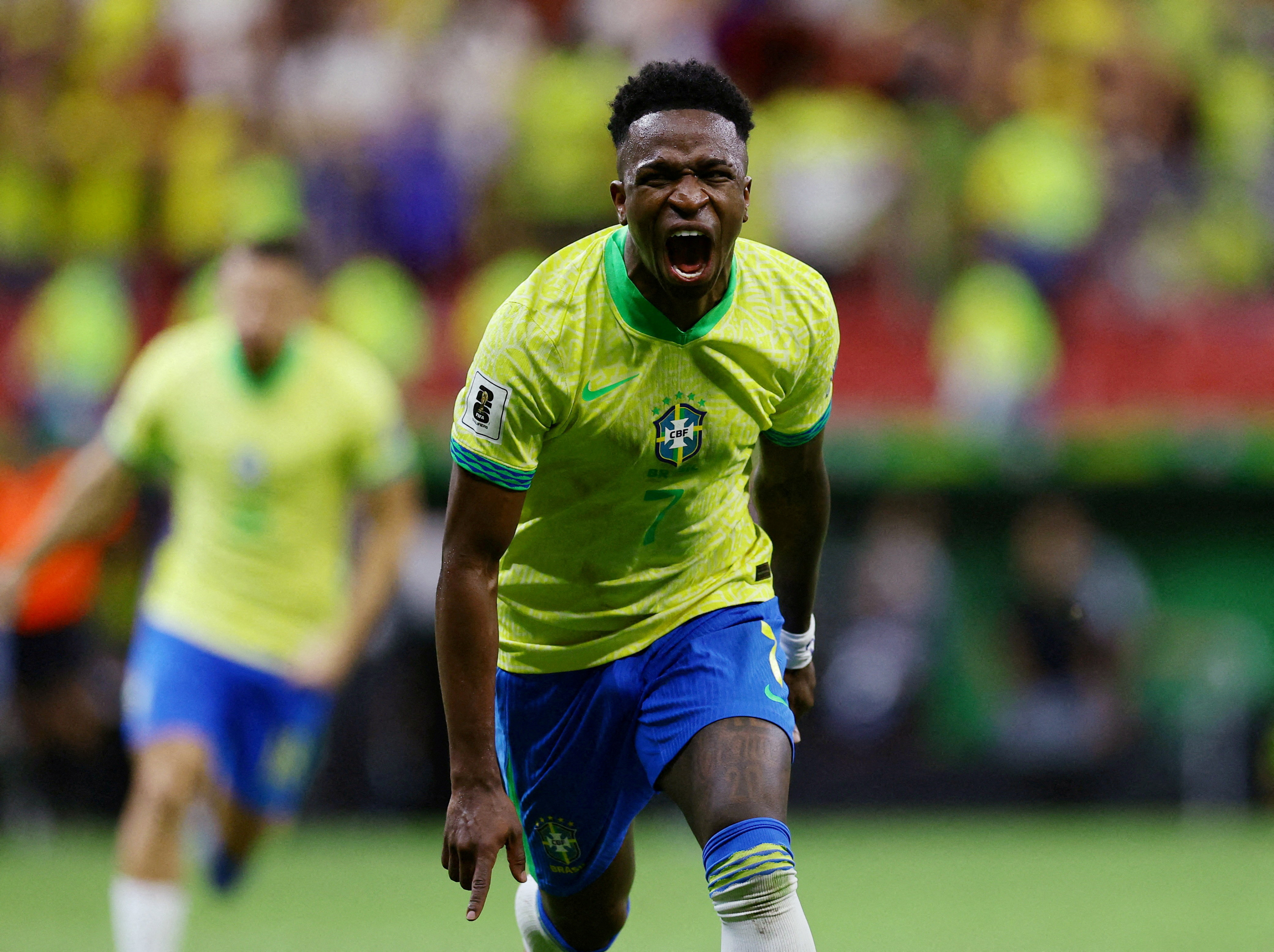 FILE PHOTO: Soccer Football - World Cup - South American Qualifiers - Brazil v Colombia - Estadio Mane Garrincha, Brasilia, Brazil - March 20, 2025 Brazil's Vinicius Junior celebrates scoring their second goal REUTERS/Ueslei Marcelino/File Photo
