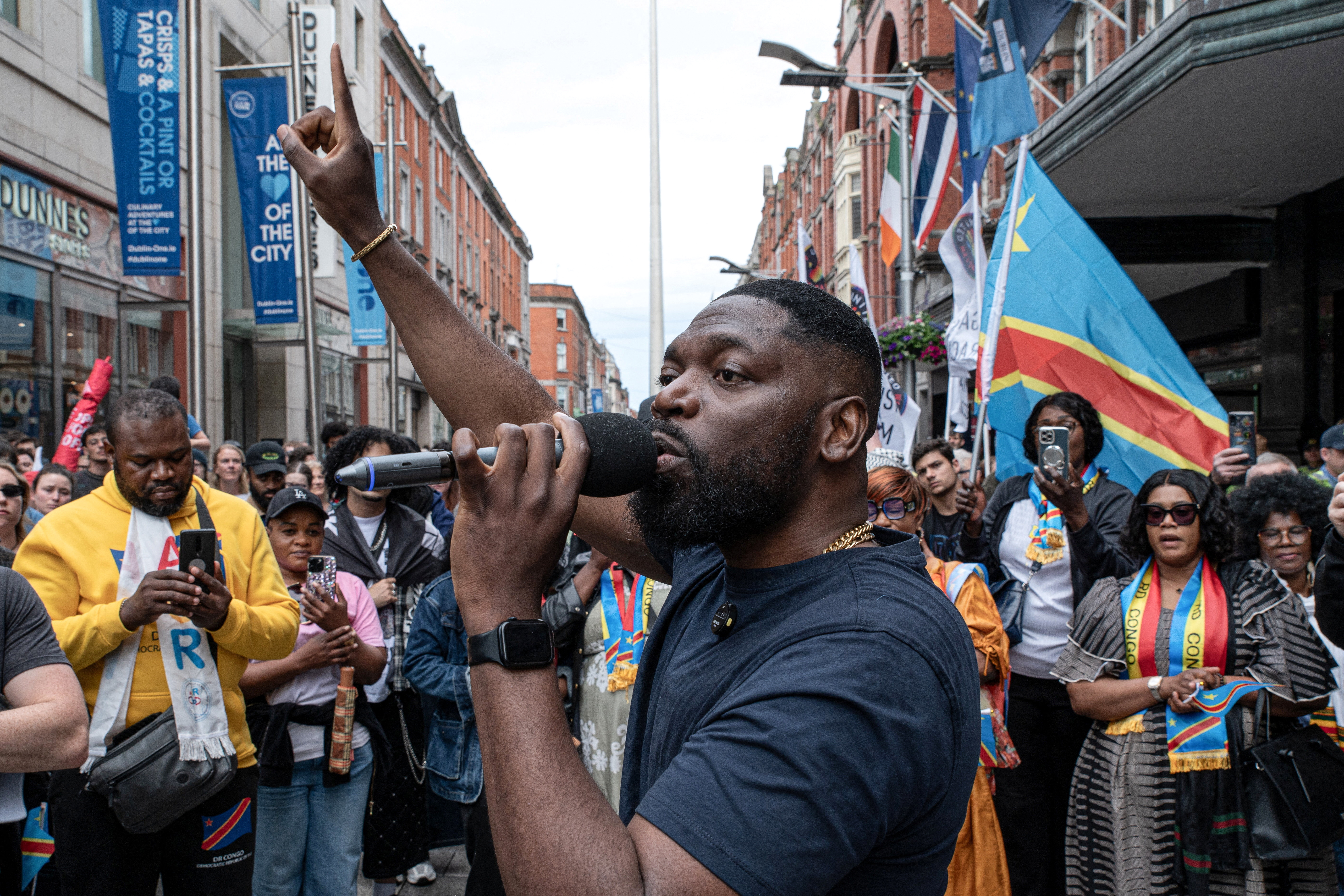 Artist Chris Kabs during a march for Yves Sakila, a Congolese-born man who died after being restrained by security guards outside a department store, in Dublin, Ireland